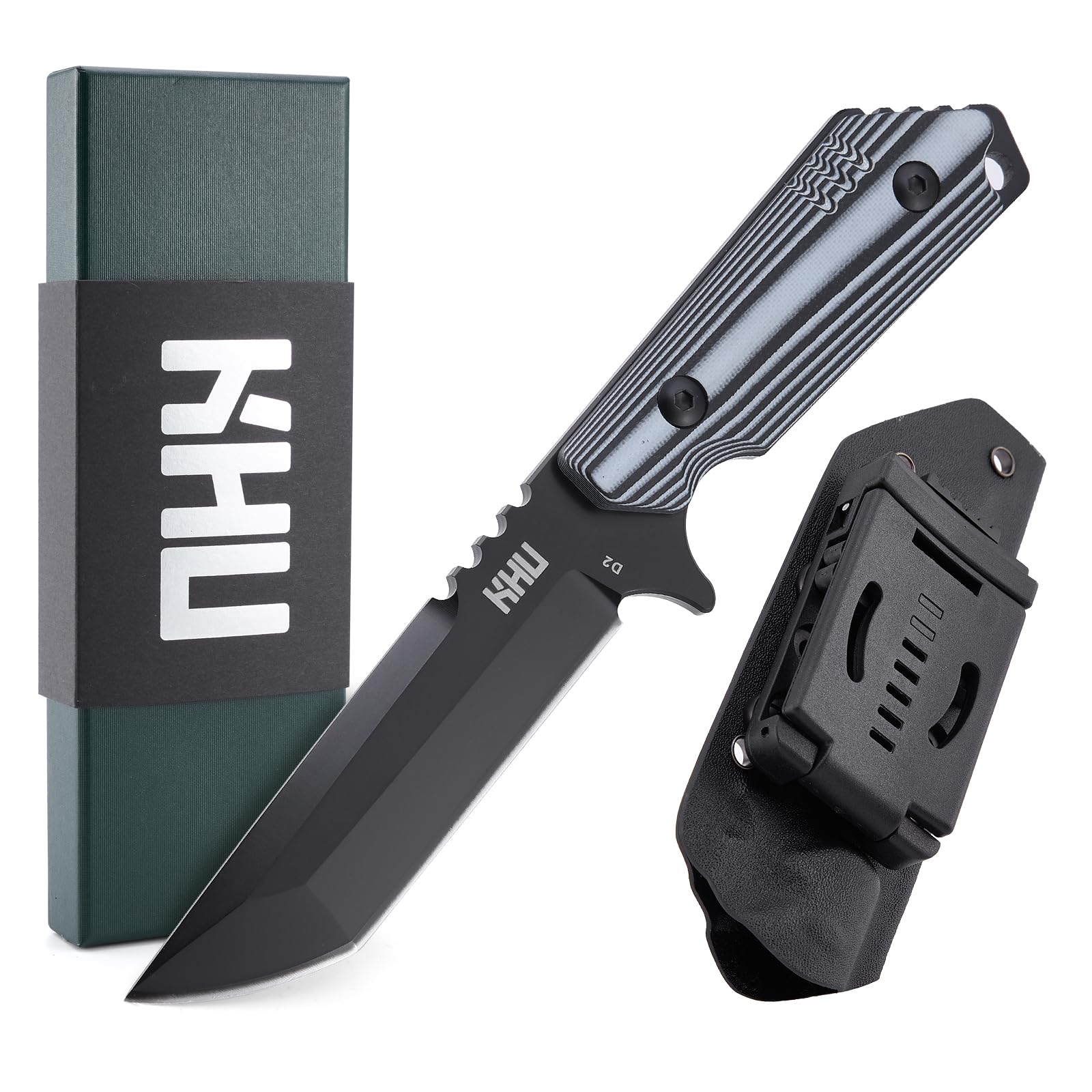 KHU Outdoor Messer Feststehende Klinge Survival Messer Jagdmesser Bushcraft Camping Messer - Outdoor Jagd Camping Wandern, Geschenk für Männer - Mit Kydex Scheide