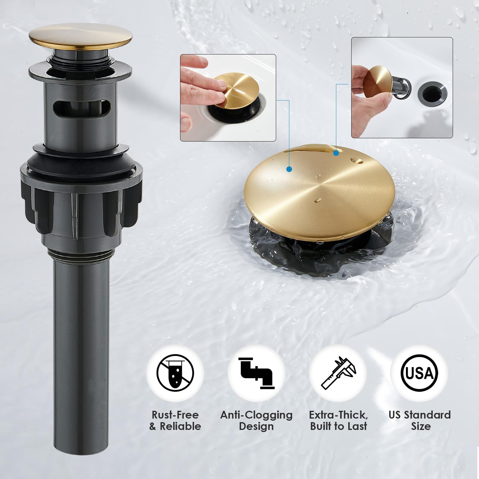 YUNDOOM Waschbeckenarmatur Gebürstetes Gold – Wasserfall-Design, Einloch, Mit Keramikkartusche & Abfluss