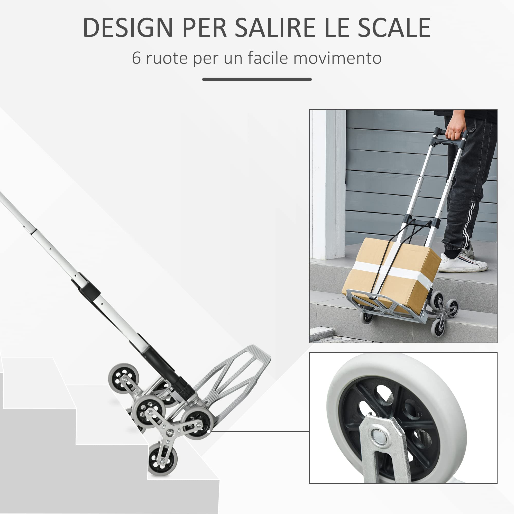 DURHAND Carrello Portapacchi a 6 Ruote 47x47x100 cm Nero e Argento | max 70 kg, con Fune e Maniglia Estraibile, Carrello Pieghevole, in Alluminio, PP e TPR