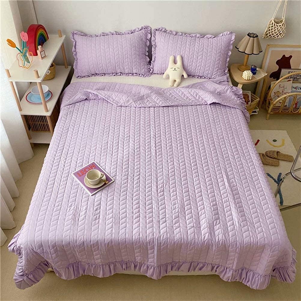 3pcs Set Summer Quilted Bedspread Quilt Set Full Size Ruffled Texture Bedspread Coverlet Set Teen Girls Summer Blanket with Pillowcases Lightweight Microfiber Yellow 150 * 200 (Purple 200 * 230)