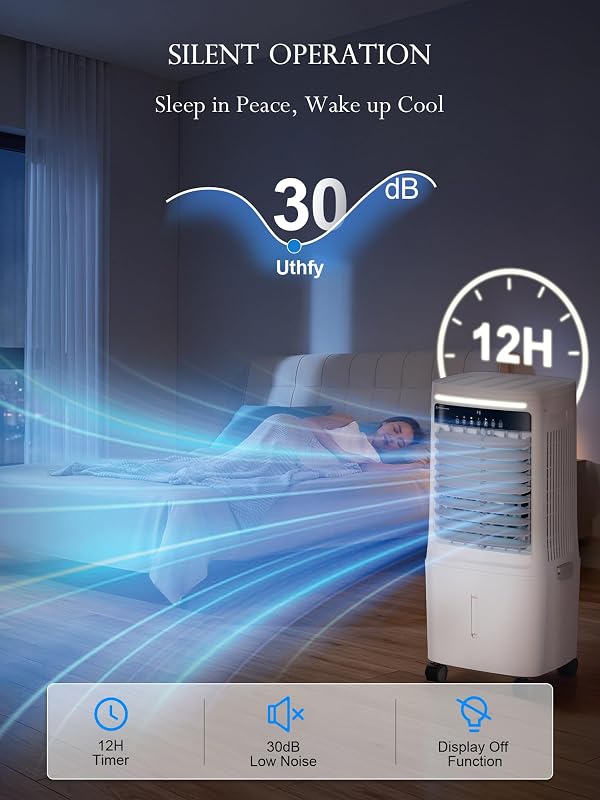 Uthfy 3000CFM Swamp Cooler, Evaporative Air Cooler with Dual Water Tanks for 30H Cooling, 120° Oscillating, Ambient Light, 7.0 GAL Detachable Water Tank, 12H Timer, 3 In 1 Indoor&Outdoor Cooling Fan by Uthfy - Used condition - Image 14