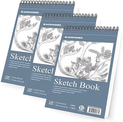 Bachmore - Bloc de bocetos de 5.5 x 8.5 pulgadas (68 libras3.53oz), 100 hojas de cuaderno de bocetos encuadernado en espiral para artistas
