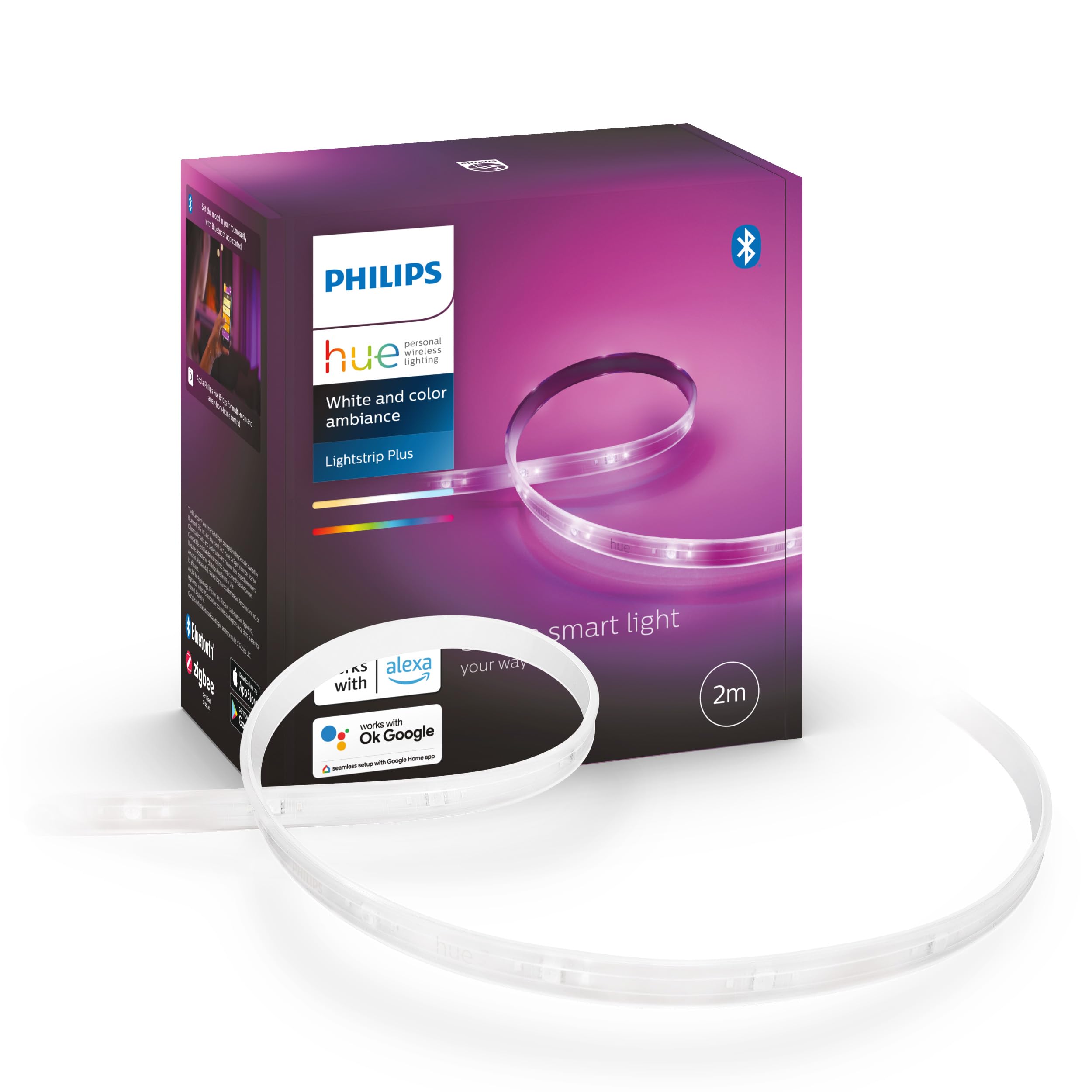 Philips Hue White & Col. Amb. Lightstrip Plus base da 2 m, dimmerabile, 16 milioni di colori, controllabile tramite app, compatibile con Amazon Alexa (Echo, Echo Dot) [classe energetica A]
