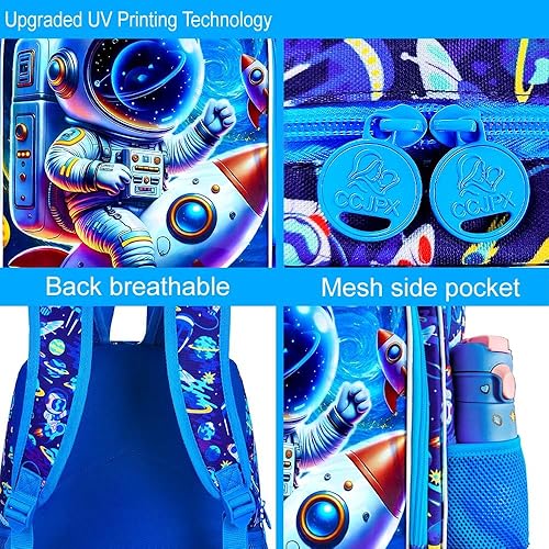 Miniatura 6 de Mochila de 3 piezas para niños, 16 pulgadas con lonchera, mochilas escolares para primaria preescolar jardín de infantes, Azul astronauta, Tamaño