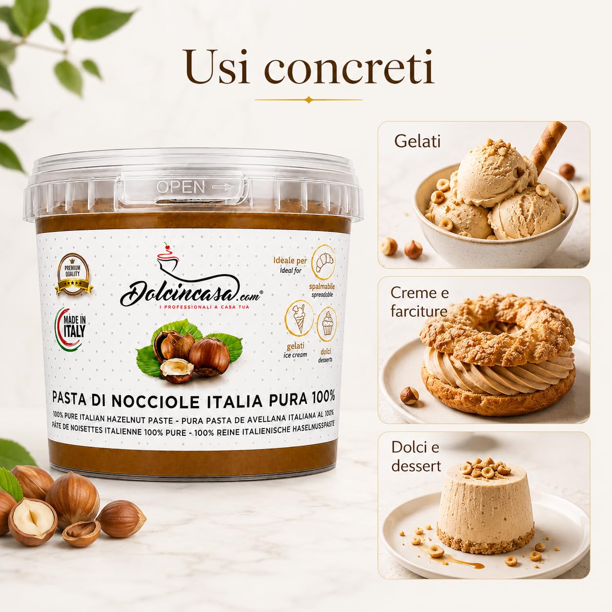 Dolcincasa-com Pâte de Noisettes Torréfiées 100% Pure Crème à Tartiner pour Glace Café et Diverses Utilisations en Confiserie Décorations Remplissages Sans Gluten sans Epaississants 500 Grammes