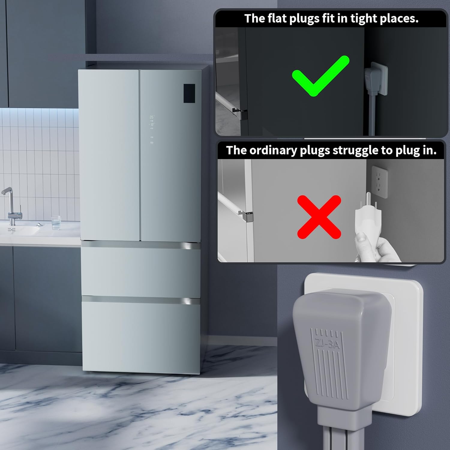 Elecan Appliance Power Extension Cord 4 Ft Gray, 3 Prong Heavy Duty Flat Wire Low Profile Grounded Cable, SPT-3, 14 AWG 15A 125V 1875W for Air Conditioner, Refrigerator & Major AC Units-ETL Listed-4FT - Image 4