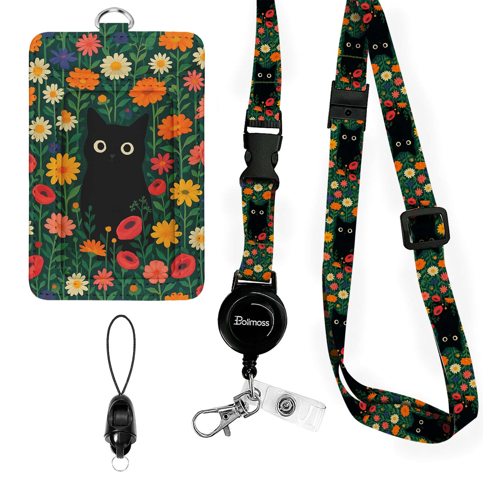 bolimoss Black Cat Daisy Leather ID Badge Card Holder, Adjustable Landyard with Retractable Reel, Cute Flower Badge Holders with Metal Swivel Clasp, Detachable Safety Quick Release Buckles for Key โ image 1