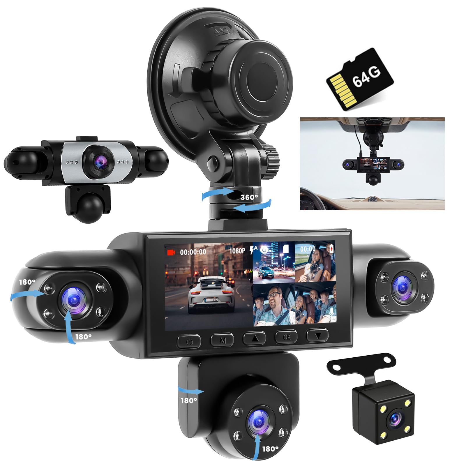 Dashcam Auto a 5 Canali Anteriore e Posteriore 1080P, Dashcam Auto con Scheda SD da 64 GB, Schermo IPS da 3,16", Grandangolo, Visione Notturna, con Registrazione in Loop