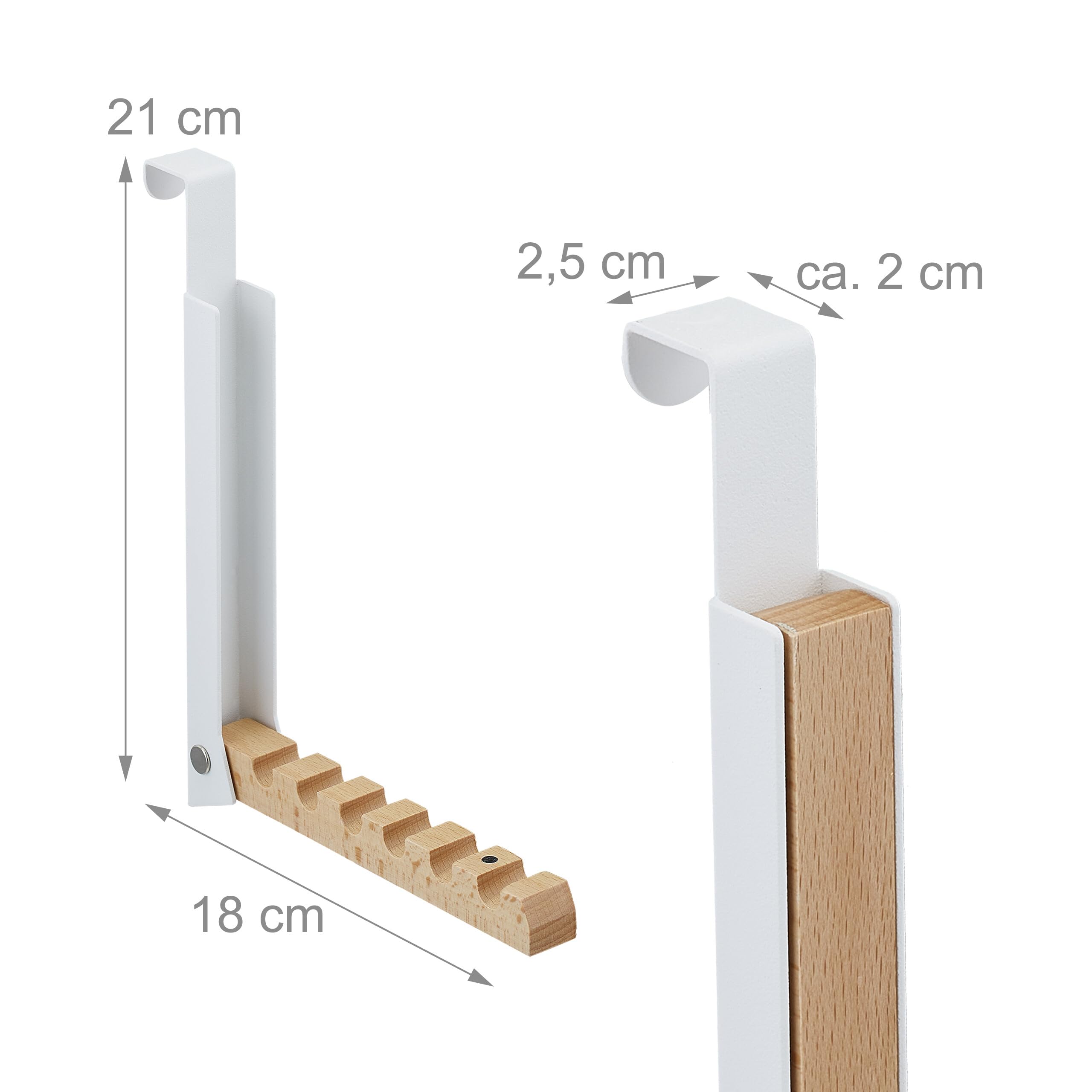 Relaxdays 2 Ganchos Plegables Puerta, Colgantes, Colgadores 6 Perchas, Metal y Madera, para Renvalso de 2 cm, Blanco