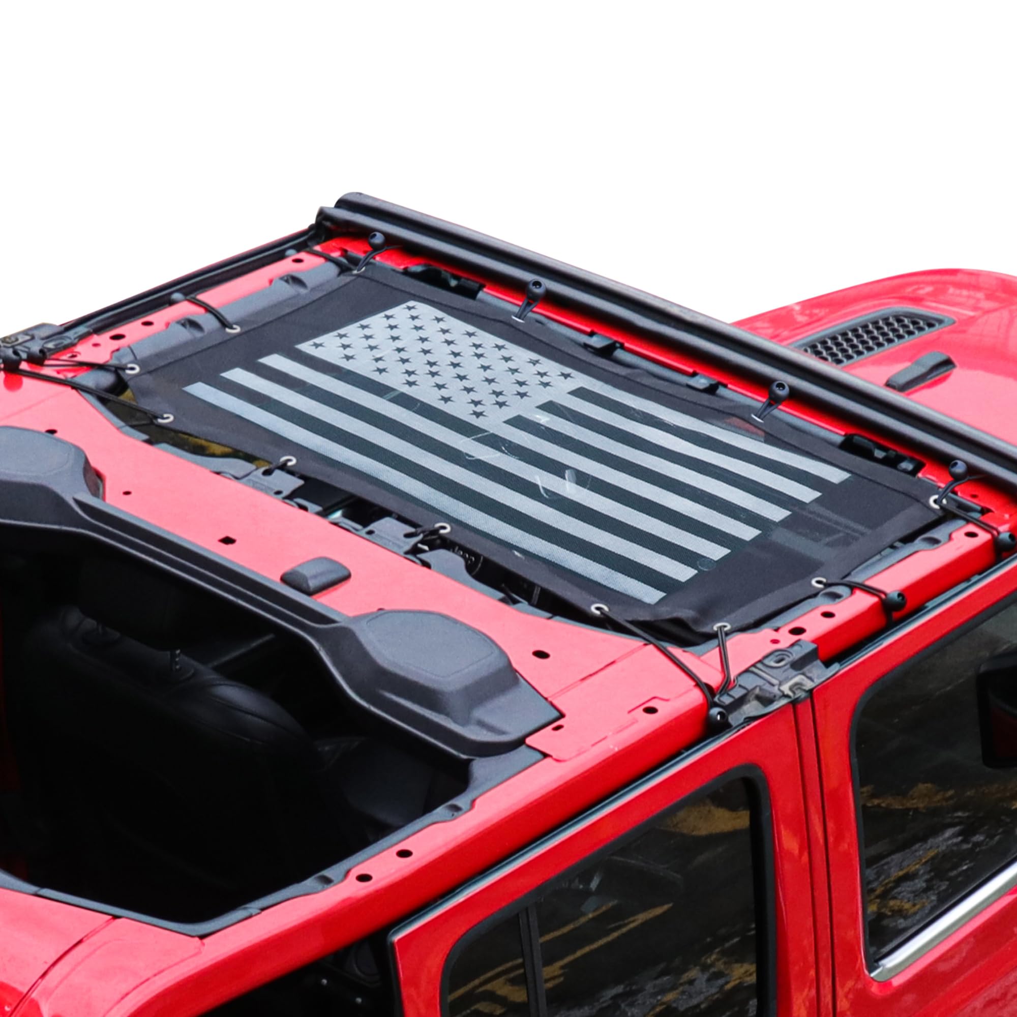Sunshade for 2018-2023 Jeep Wrangler JL JLU 2 Door 4 Door Front Mesh Sun Shade, JL Sunshade Bikini Soft Top Roof Cover Net, Blocks UV, Wind, Noise, US Flag