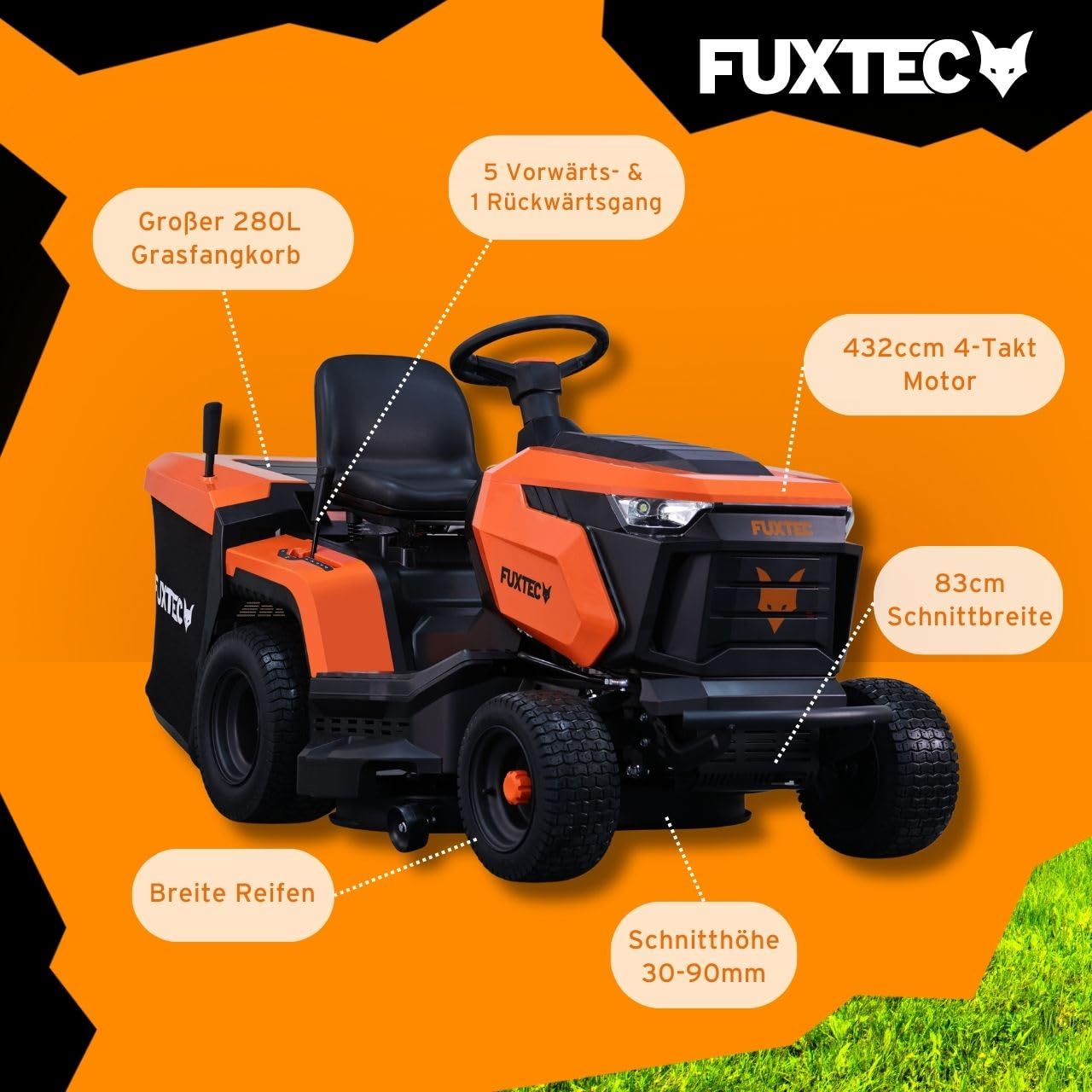 FUXTEC Rasentraktor FX-RMT84M, Aufsitzmäher mit 83cm Schnittbreite, 6-stufige Schnitthöhenverstellung, kraftvoller Benzinmotor, Grasfangkorb 280L, Rückwärtsmähfunktion