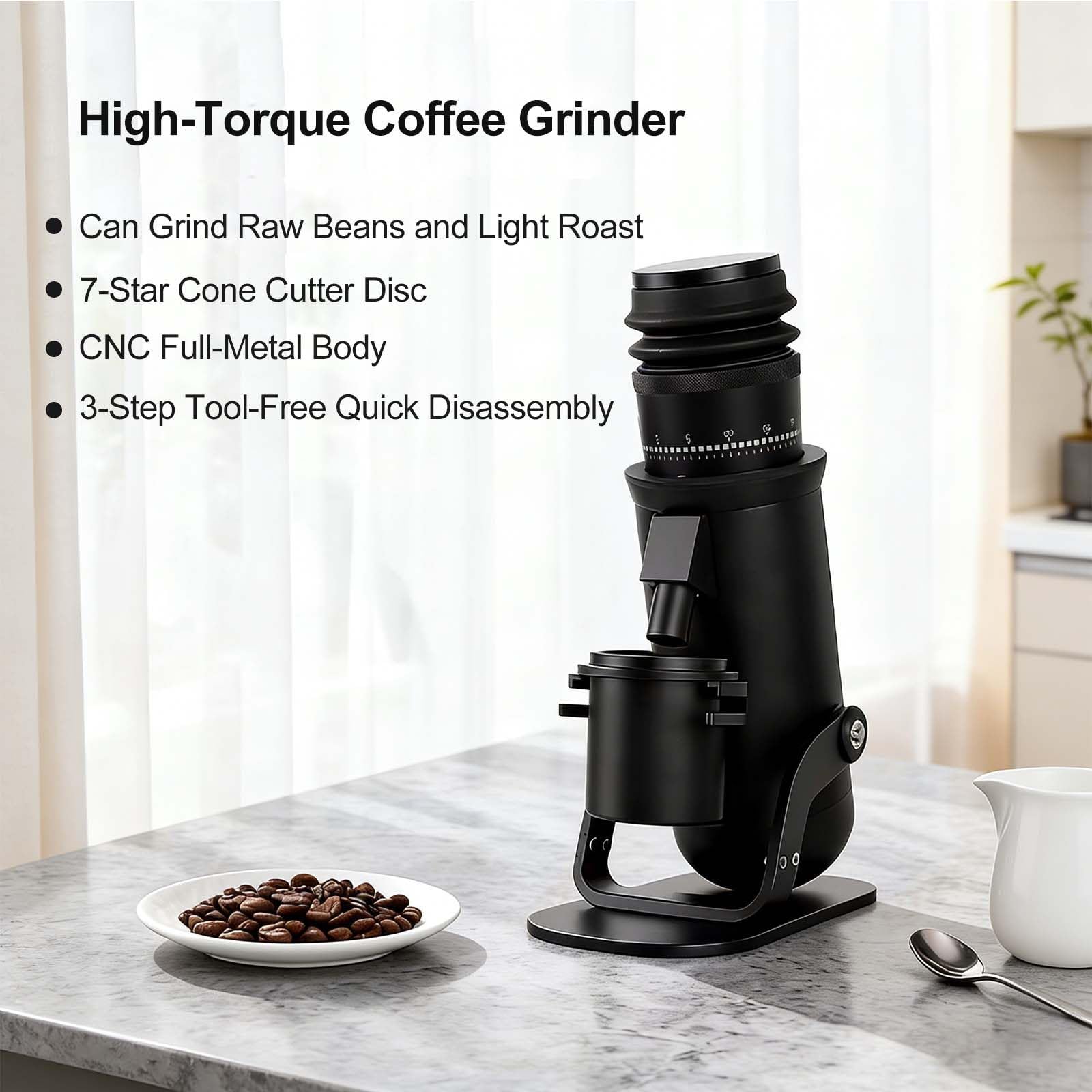 Molinillo De Café Sin Atascarse, Muelas CóNicas De 48 Mm Y 7 Estrellas De Alto Torque, Muele Granos Verdes Y Tueste Ligero, 60 Ajustes Regulables, AntiestáTico Y FáCil De Limpiar.