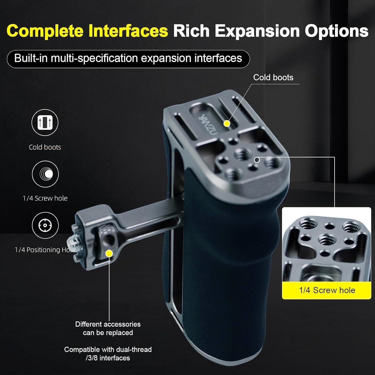 Camera Grip with 3 Cold Shoes, Universal Handle Ergonomic Silicone for NATO Rail & 1/4" Camera Cage