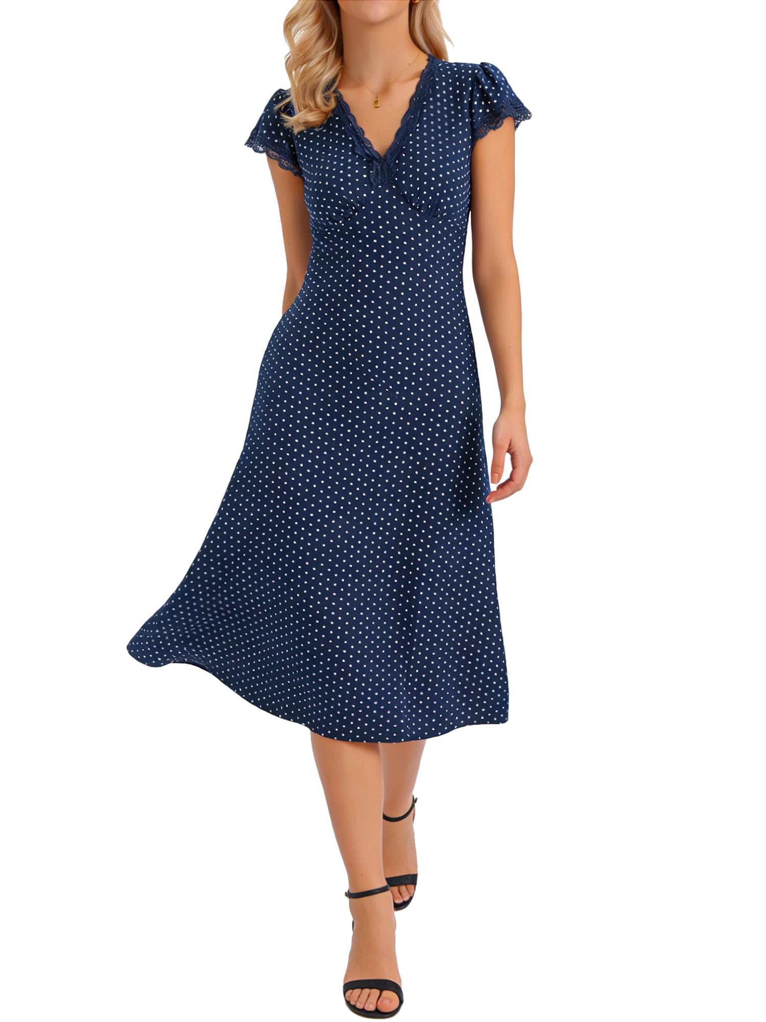 Allegra K Vestito a pois da donna anni '50 vintage midi abiti | Bordo in pizzo, scollo a V, maniche ad aletta con volant, linea ad A, vita aderente, abbigliamento quotidiano estivo