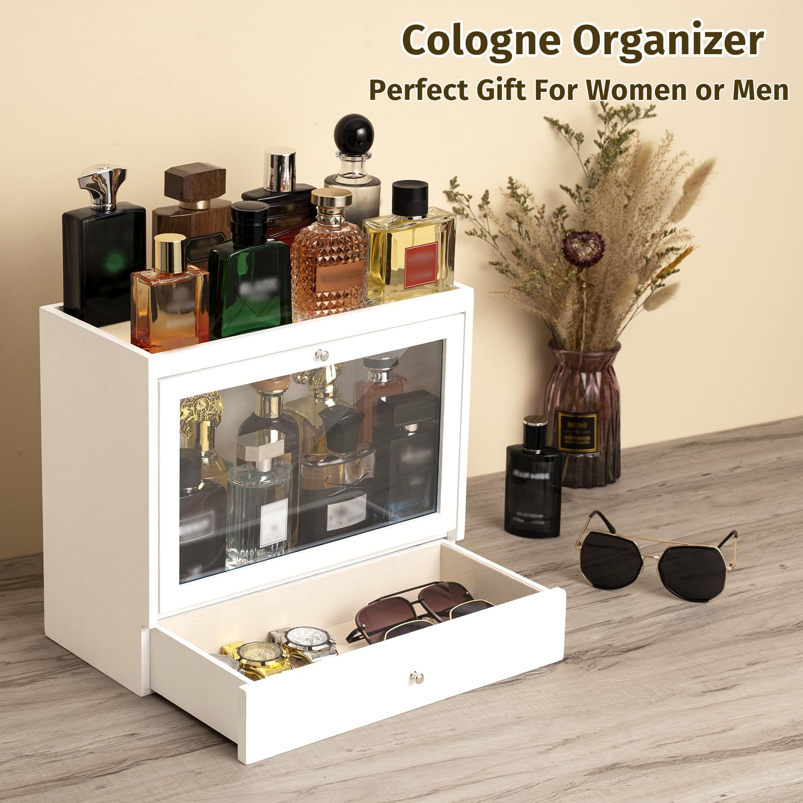Soporte de colonia, organizador de perfume de madera maciza para hombre, organizador de perfume a prueba de polvo de gran capacidad con cajón de almacenamiento de perfumes, joyas y cosméticos