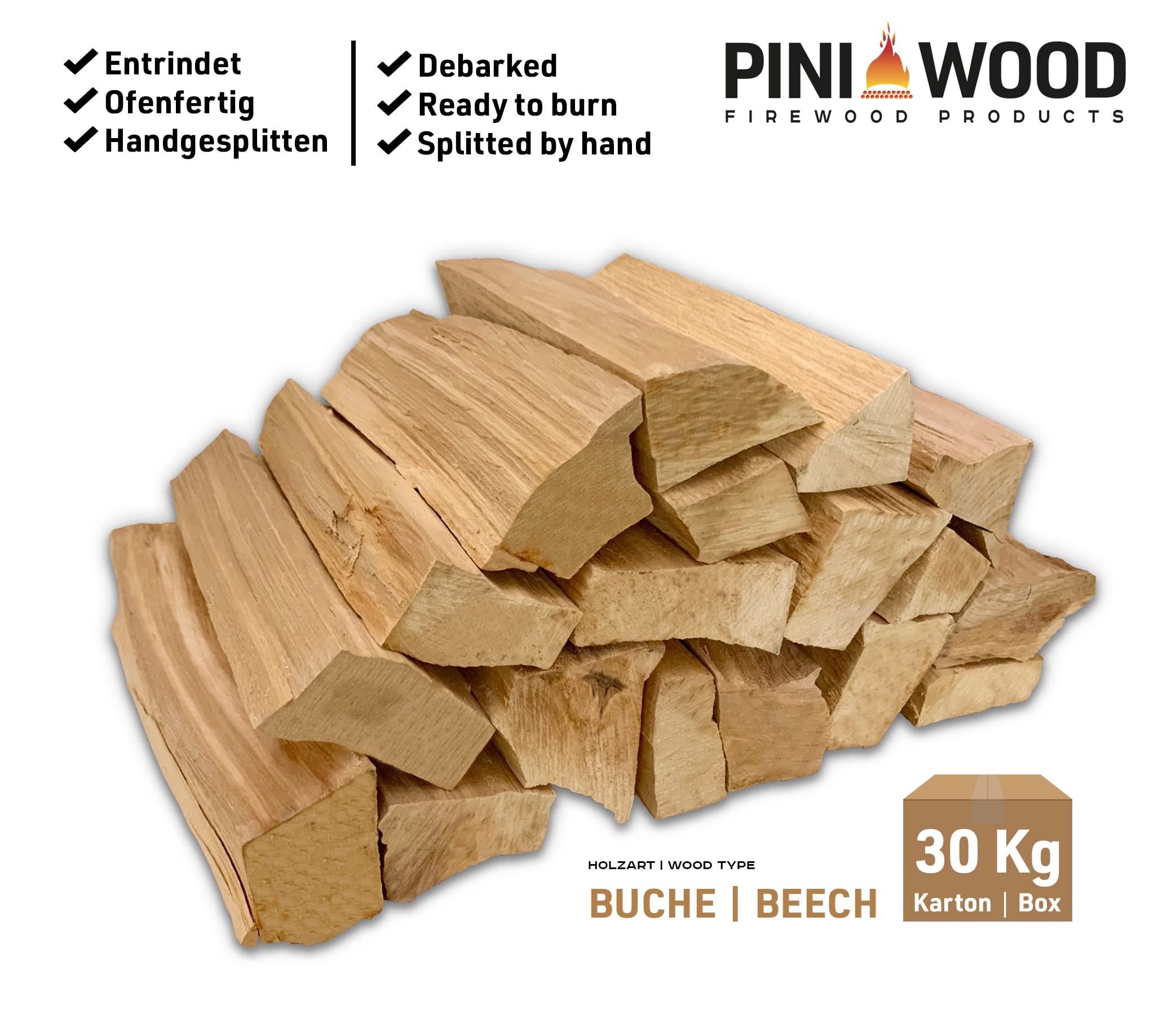 PINI Grillholz OHNE RINDE Buche 30 Kg Brennholz 30-33 cm für Pizzaofen Grill Smoker Kamin Feuerschale