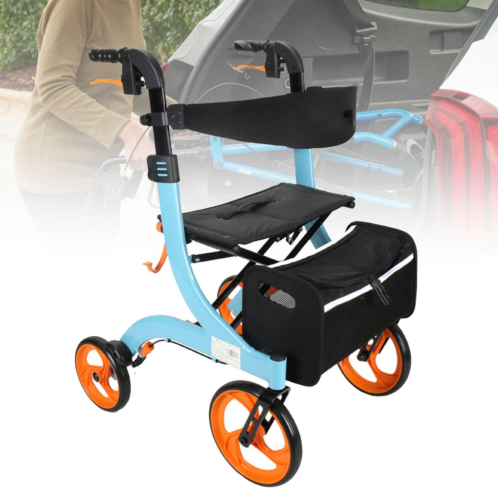 Deambulatore Pieghevole, deambulatore Elettrico per Sedia a rotelle con Doppi Freni, Sedile e Borsa portaoggetti Staccabile, Sedia a rotelle Pieghevole Leggera Regolabile in Altezza,Blue