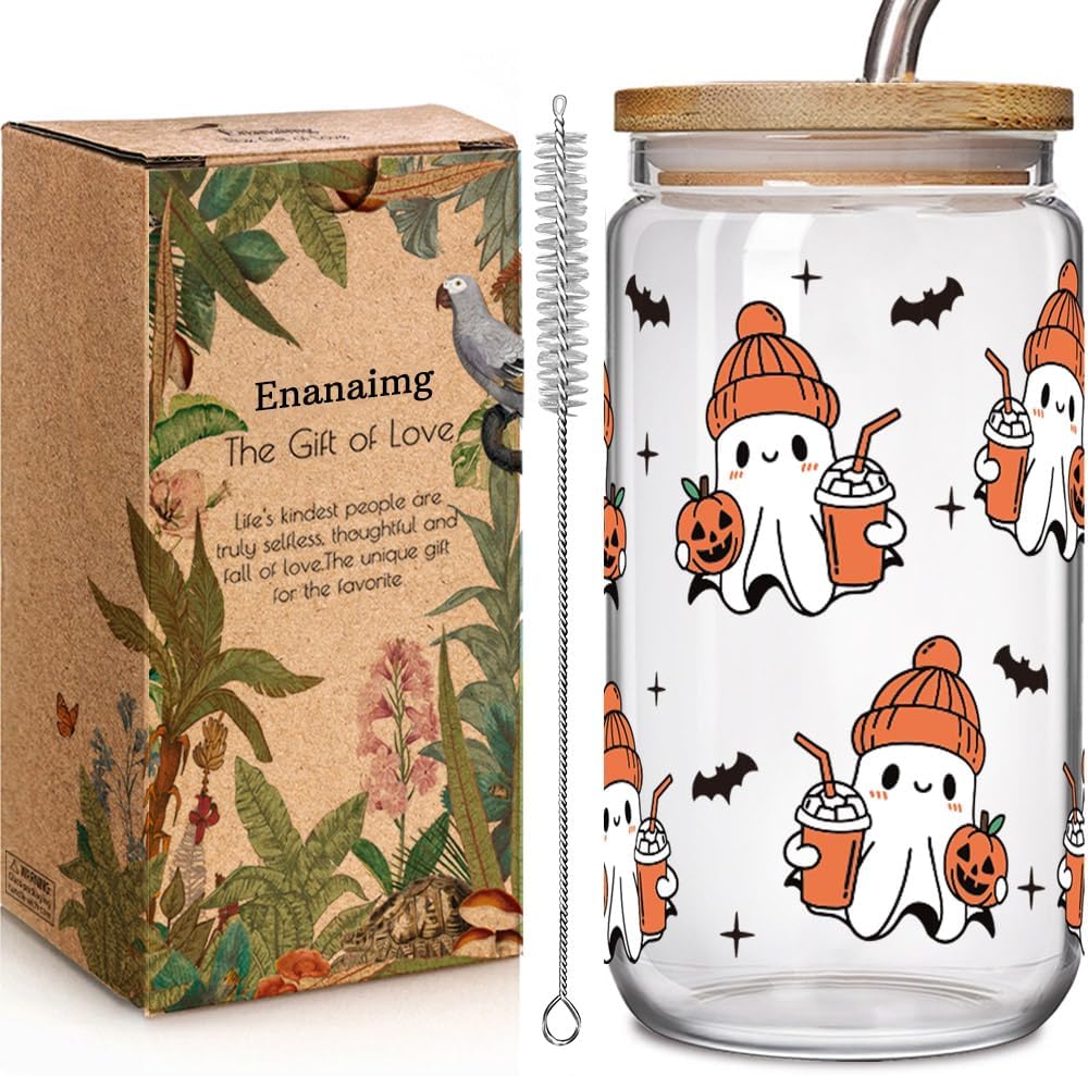 Halloween Holiday Doodle Spooky Ghost 16oz Glass Cup Friend Gift for Her Women, Spooky Iced Coffee Glass Tumbler with Straw and Lid 16oz, Fall Gifts, Halloween Coworker Ghost Bats Can Cup