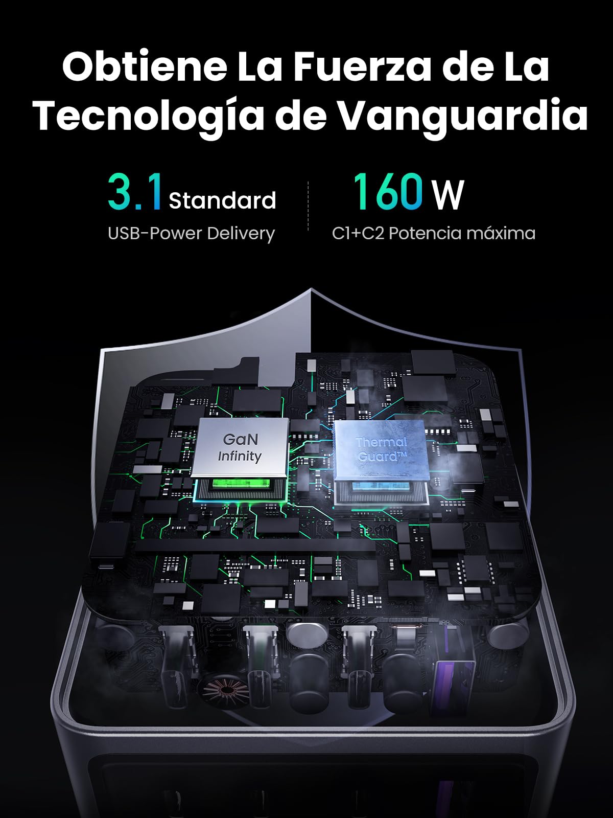UGREEN Nexode Pro Cargador USB C 160W Carga Rápida GAN PD3.1 | 4 Puertos PPS 45W Compatible con MacBook Pro iPad Galaxy S26 iPhone 17 Pro Max Air 16 15 14 iPad