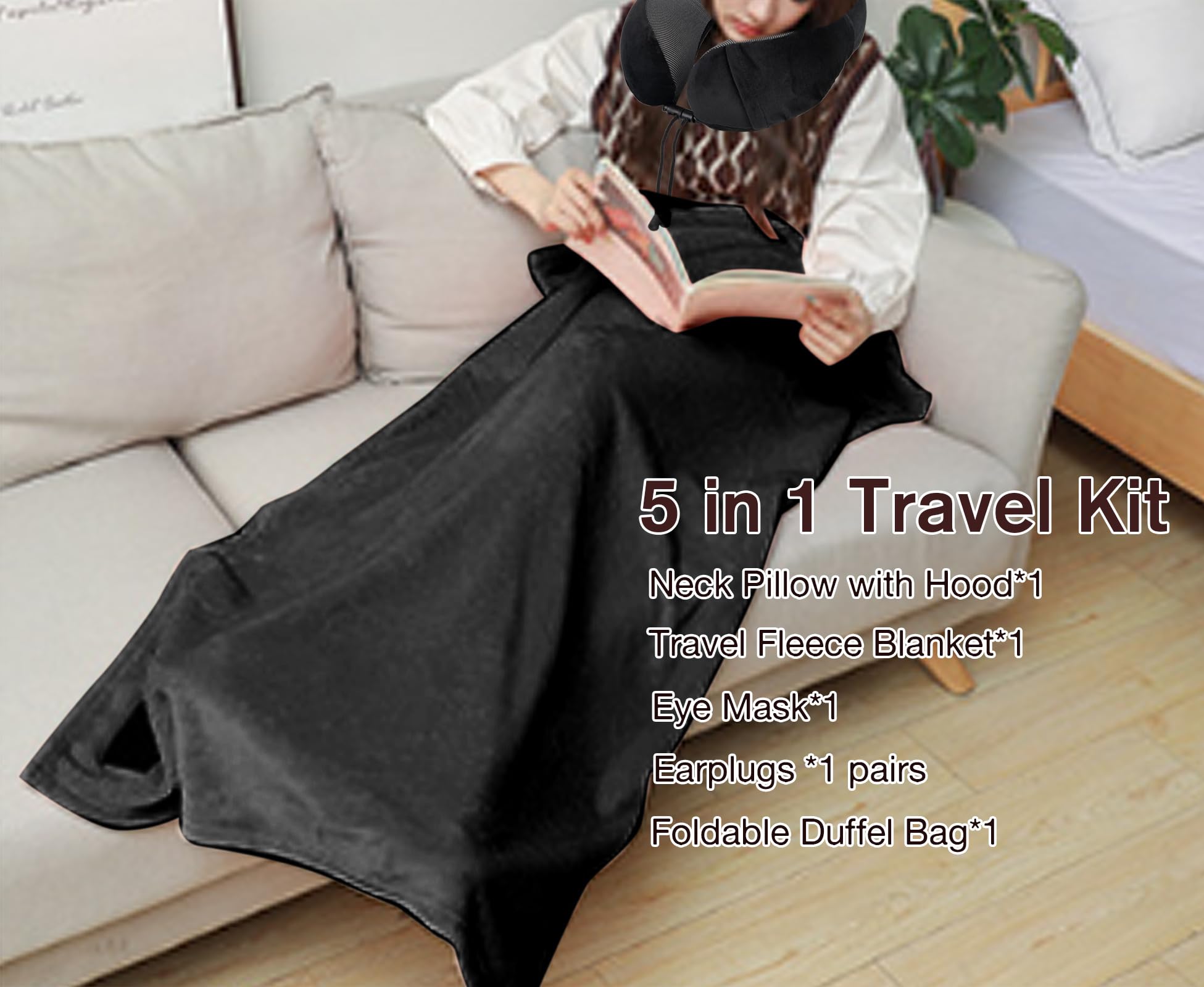 Juego de almohada de viaje – Almohada de cuello de viaje y manta para avión, manta gruesa de forro polar, almohadas de cuello de espuma viscoelástica con capucha, bolsa de lona plegable, máscara de 3