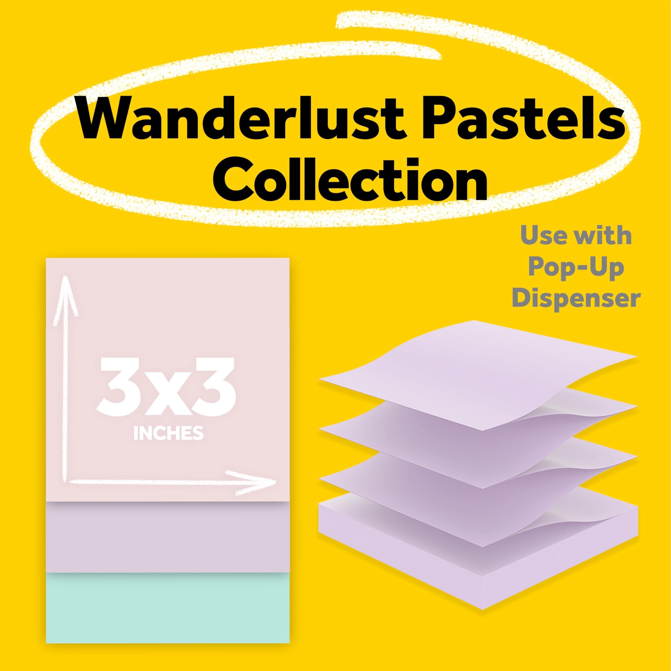 Post-it 100% Recycled Paper Super Sticky Pop-up Notes, 18 Sticky Note Pads, 3 in. x 3 in., Wanderlust Pastels, Back to School Supplies and Office Products