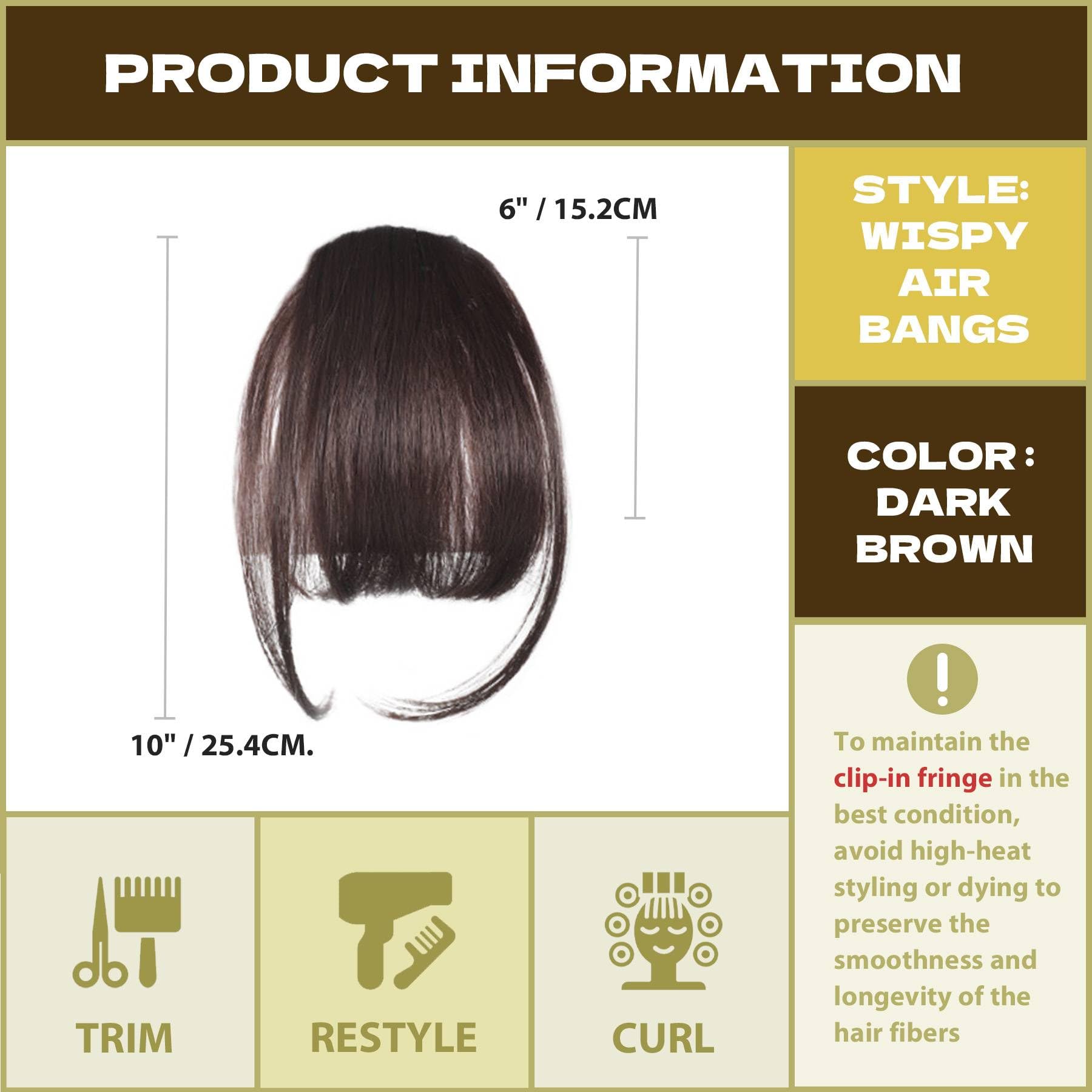 Clip in Fringe Human Hair Extensions, Clip-in-Bangs Air Bangs, Fake Hairpieces for Women (Dark Brown), 6 inches (fringe) - Image 2