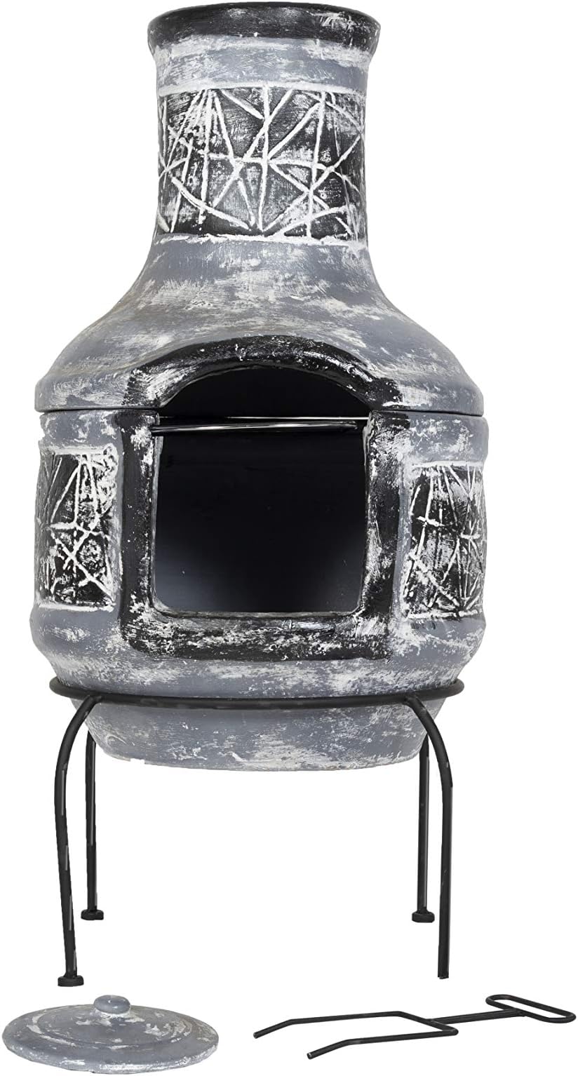 La Hacienda Linea 2 Piece Clay Chimenea with Cooking Grill, Medium - Grey