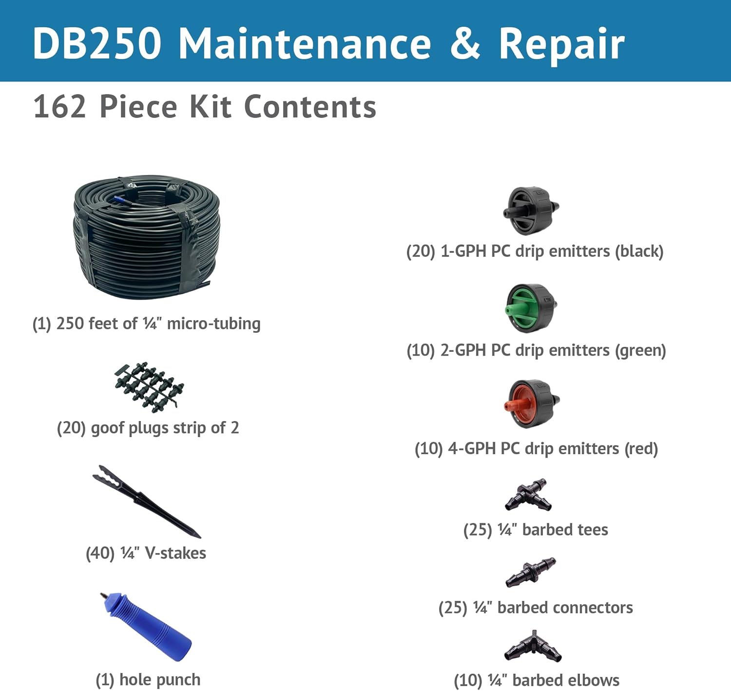 DIG DB250 Drip Irrigation Maintenance and Repair Expansion Bucket 162 Piece Kit for Quarter Inch Systems