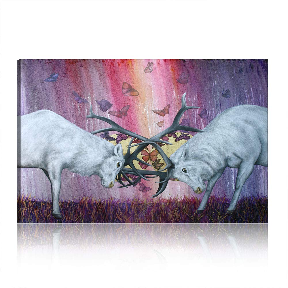 Tableau deux cerfs art abstrait 70x100 cm peinture murale sur toile sans cadre pour salon