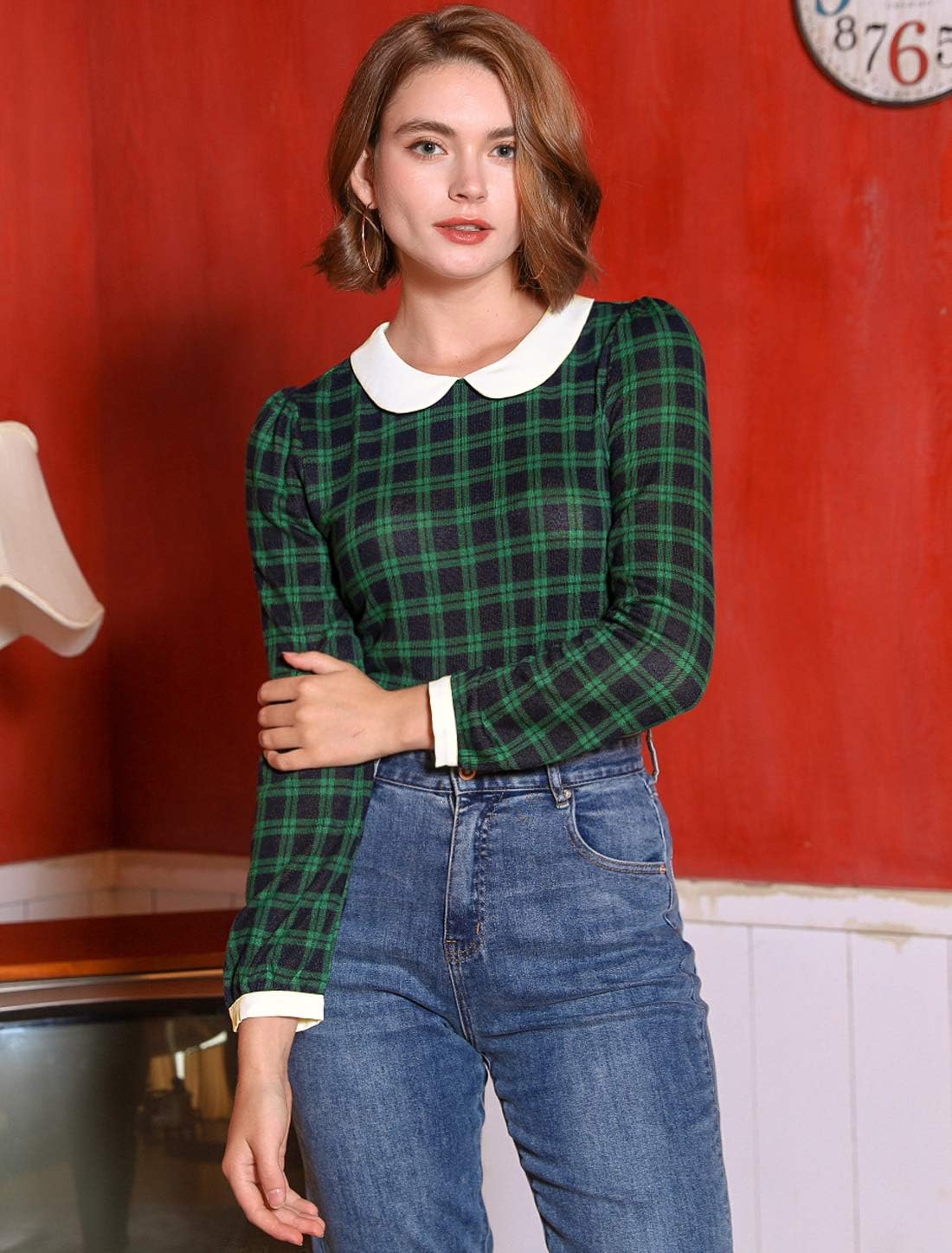 Allegra K Women's Peter Pan Collar Contrast Puff Sleeve Christmas Xmas Party Shirt Blouse - Image 3