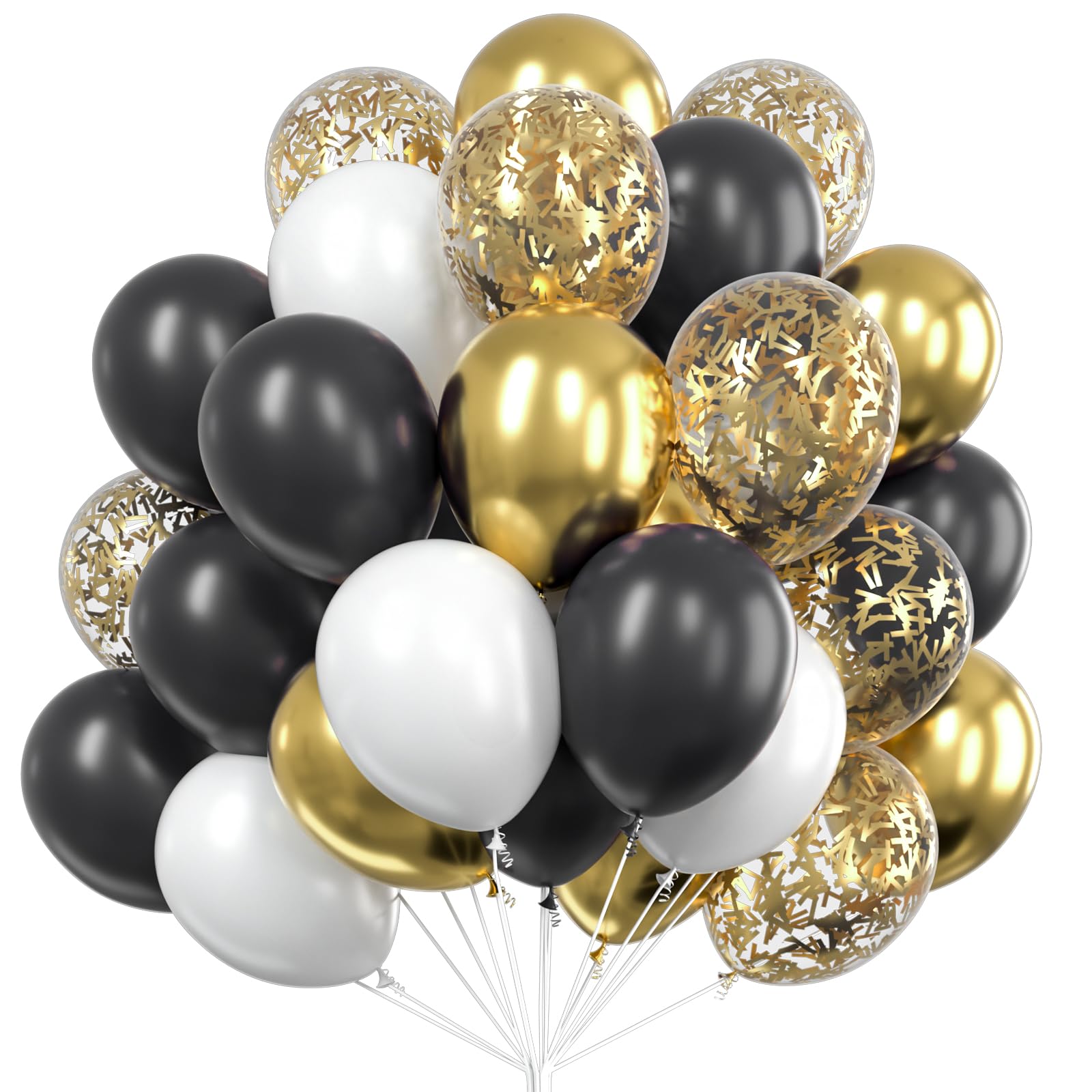 PartyWoo Black Gold and White Balloons 66pcs 12 Inch Pearl White Matte Black Metallic Gold Confetti Balloons for Graduation Gender Reveal Wedding Bridal Shower Baby Shower Birthday Party Decorations
