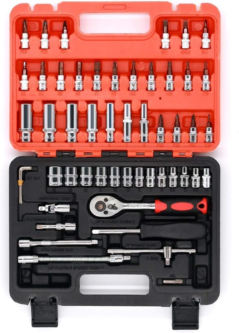 53pcs CRT001 1/4-Inch Car Auto Automobile Motorcycle Repair Tool Ratchet Wrench Drive Socket Set with Plastic Toolbox Storage Case