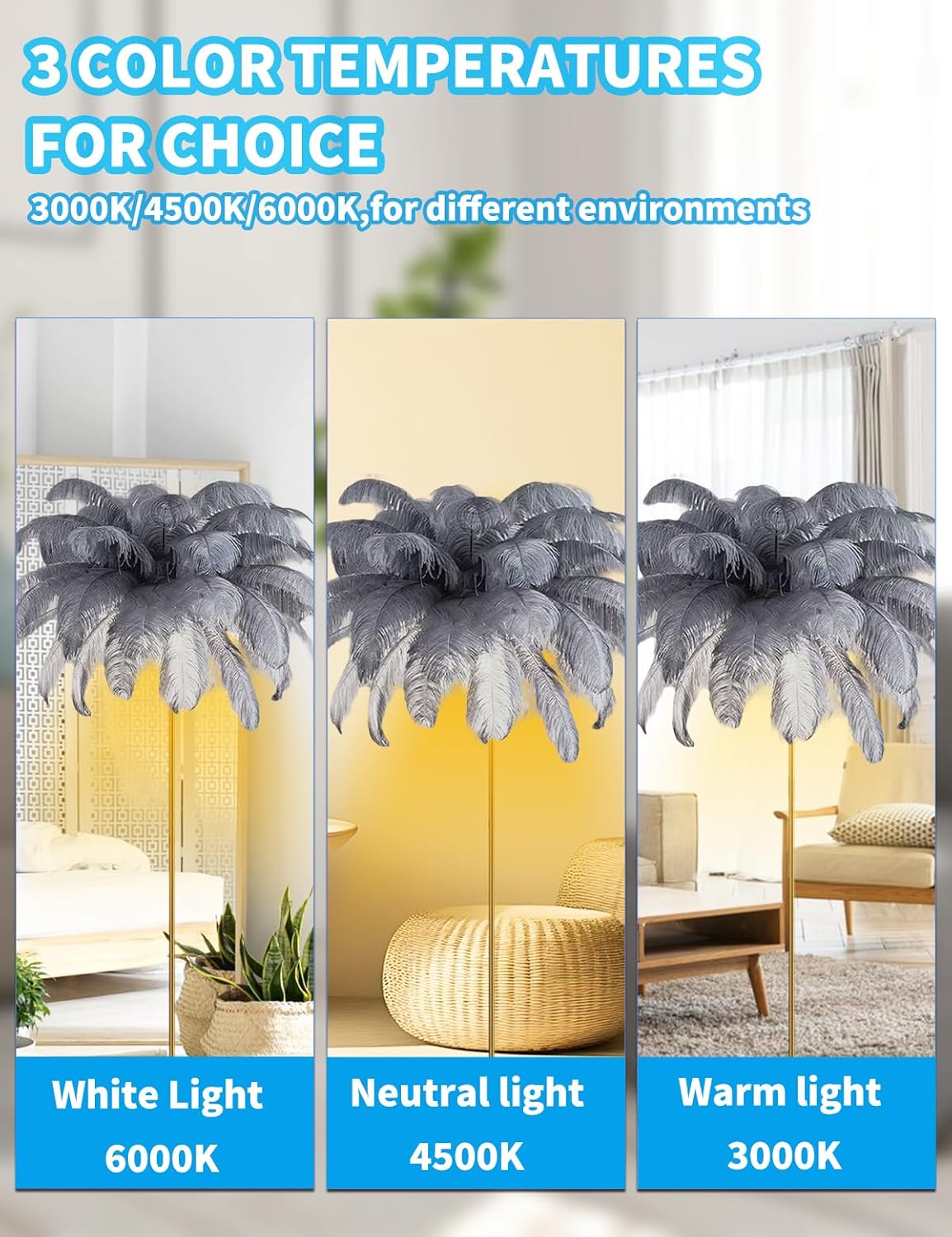 Feather Floor Lamp,Fluffy Ostrich Feather Floor Lamp for Bedroom,3 Color Temperatures Led Corner Modern Floor Lamps for Living Room Christmas Home Decor House Warming Gifts,63″ Height (Grey)