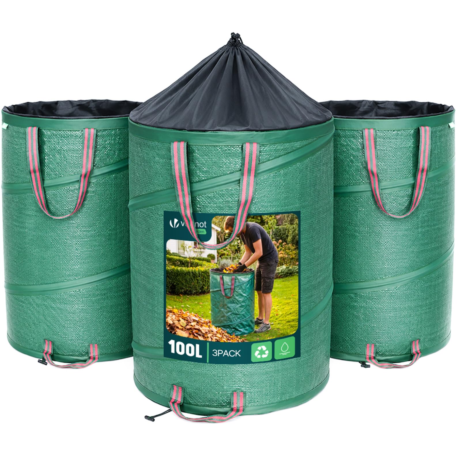VOUNOT® 3 x Sacos Basura 100L Bolsas de Basura de Jardín Pop Up, Bolsa Residuos con Asas, Plegables y Reutilizables