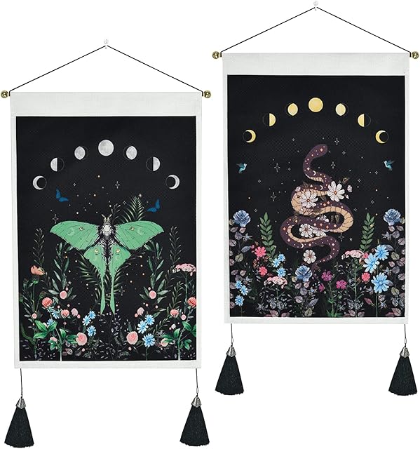 Yugarlibi Set of 2 Nature Wall Hangings with Tassels, Moon Phases Garden Tapestry Butterfly Snake Small Tapestries, Flowers Plants Wall Art Tapestry for Bedroom, 35x50 cm