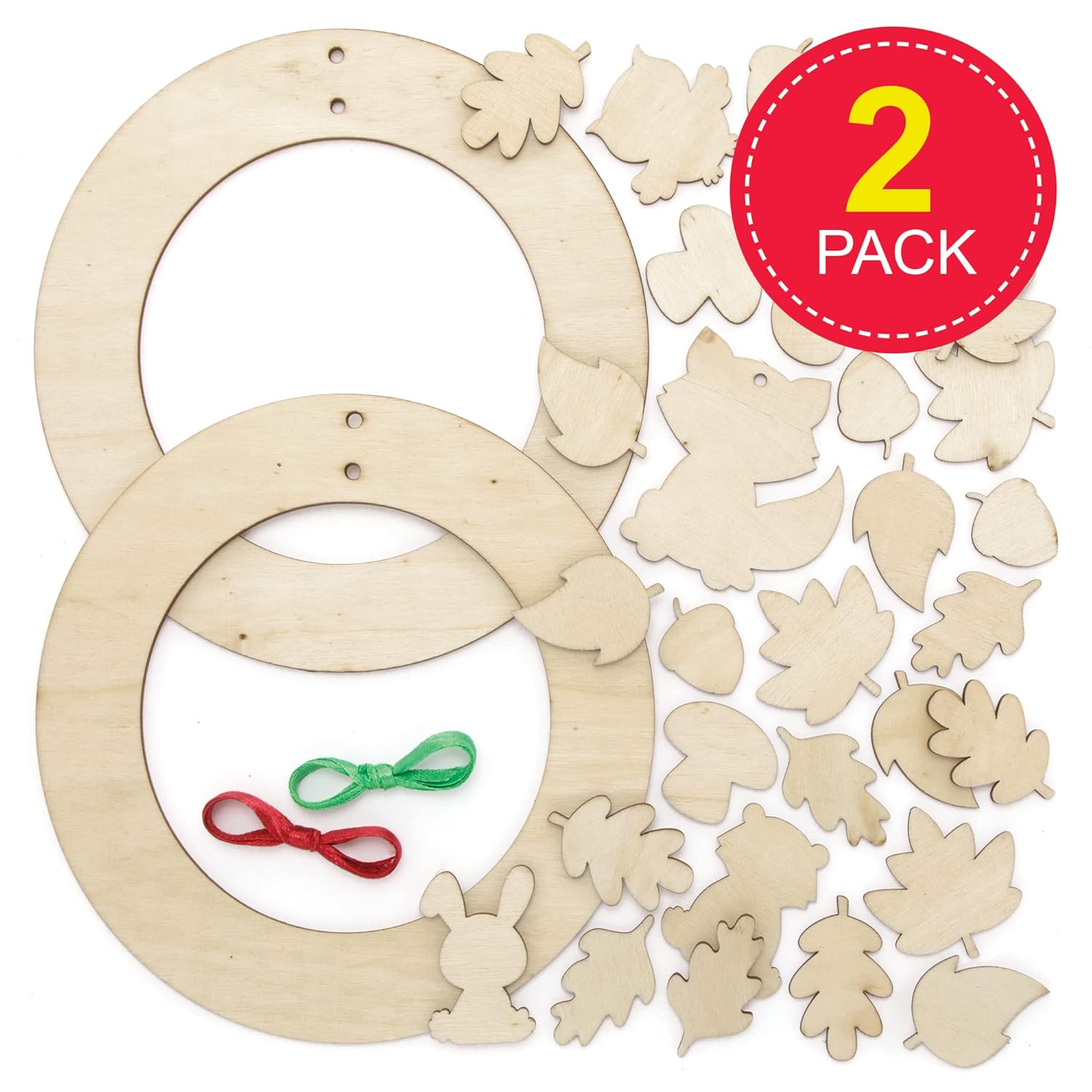Baker Ross Woodland Animal Wooden Wreath Kits - Pack of 2, Wreath Ring to Decorate and Display, Wood Crafts for Kids, Make Your Own Decorations (FE687)