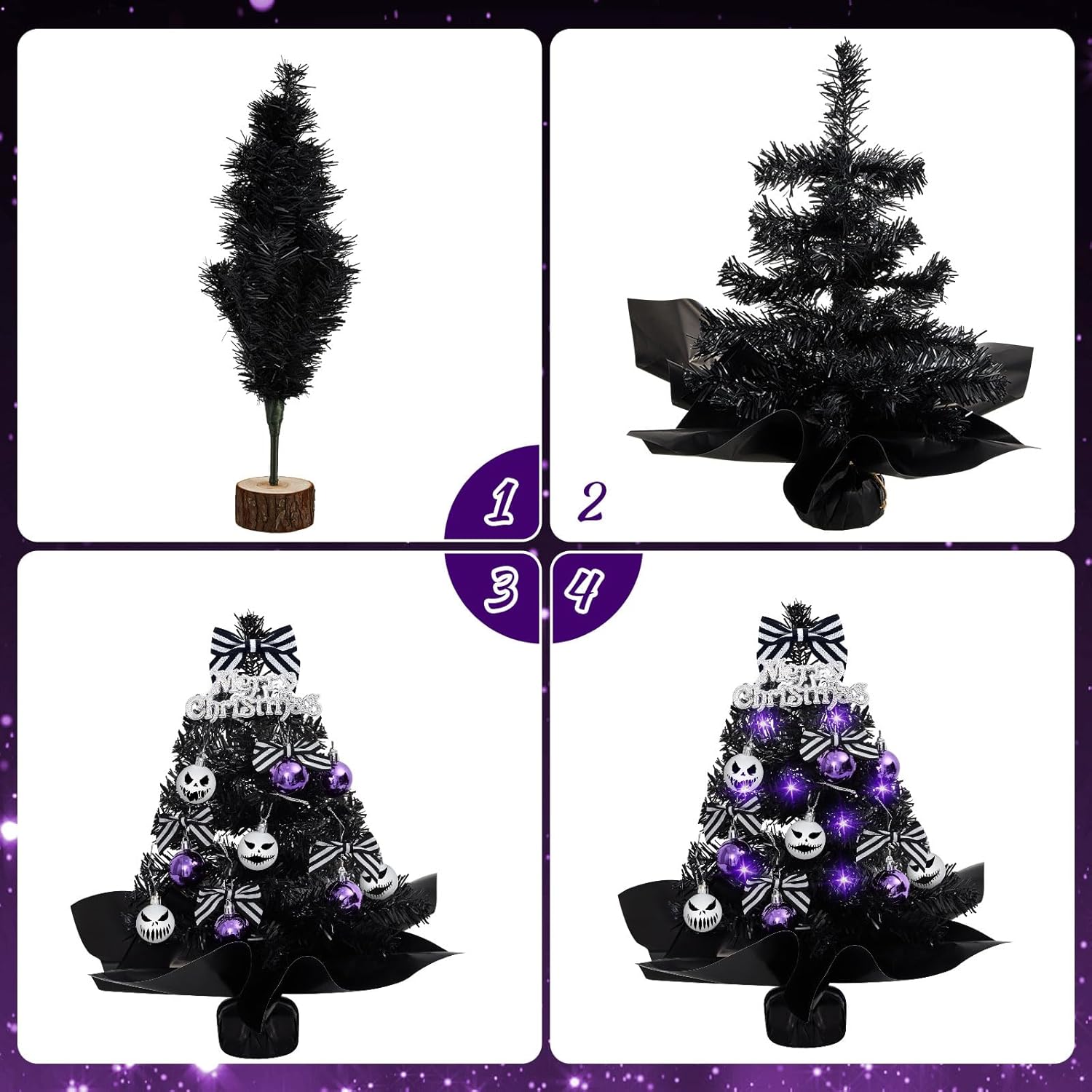 Syhood 1 Pack 18 Inch Mini Black Christmas Tree Set with Lights Christmas Small Tabletop Tree Decoration for Holiday Home Office Xmas Party Desktop Decor