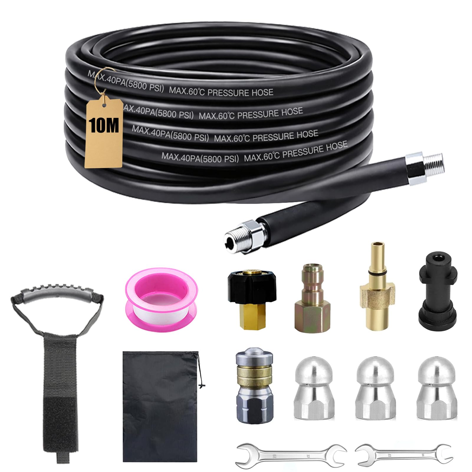 Juego de manguera de limpieza de tuberías (400 bar, 140 °C, universal, con adaptador y boquillas, compatible con limpiadores de alta presión, para limpieza de tuberías y obstrucción de desagües (150