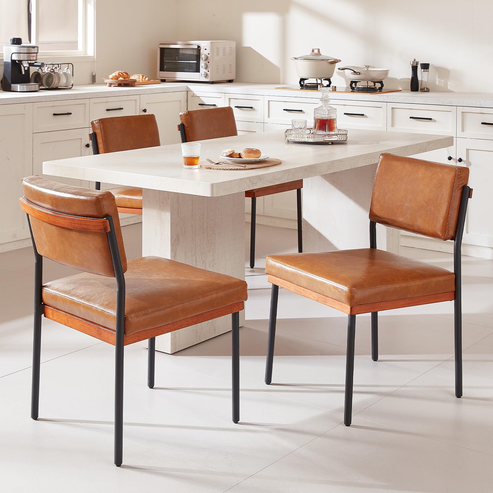 - Modern Dining Chairs Set of 4, Kitchen Chairs with Thick Cushions and Adjustable Foot Pads, Upholstered Faux Leather Dining Room Chairs with Sturdy Metal Legs,Brown