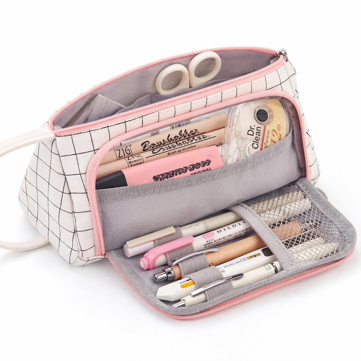 VEPROIX Medium Capacity Colored Canvas Storage Pouch Marker Pen Pencil Case Simple Stationery Bag Holder for Middle High School Office College Student Girl Women Adult Teen Christmas Gift White Plaid
