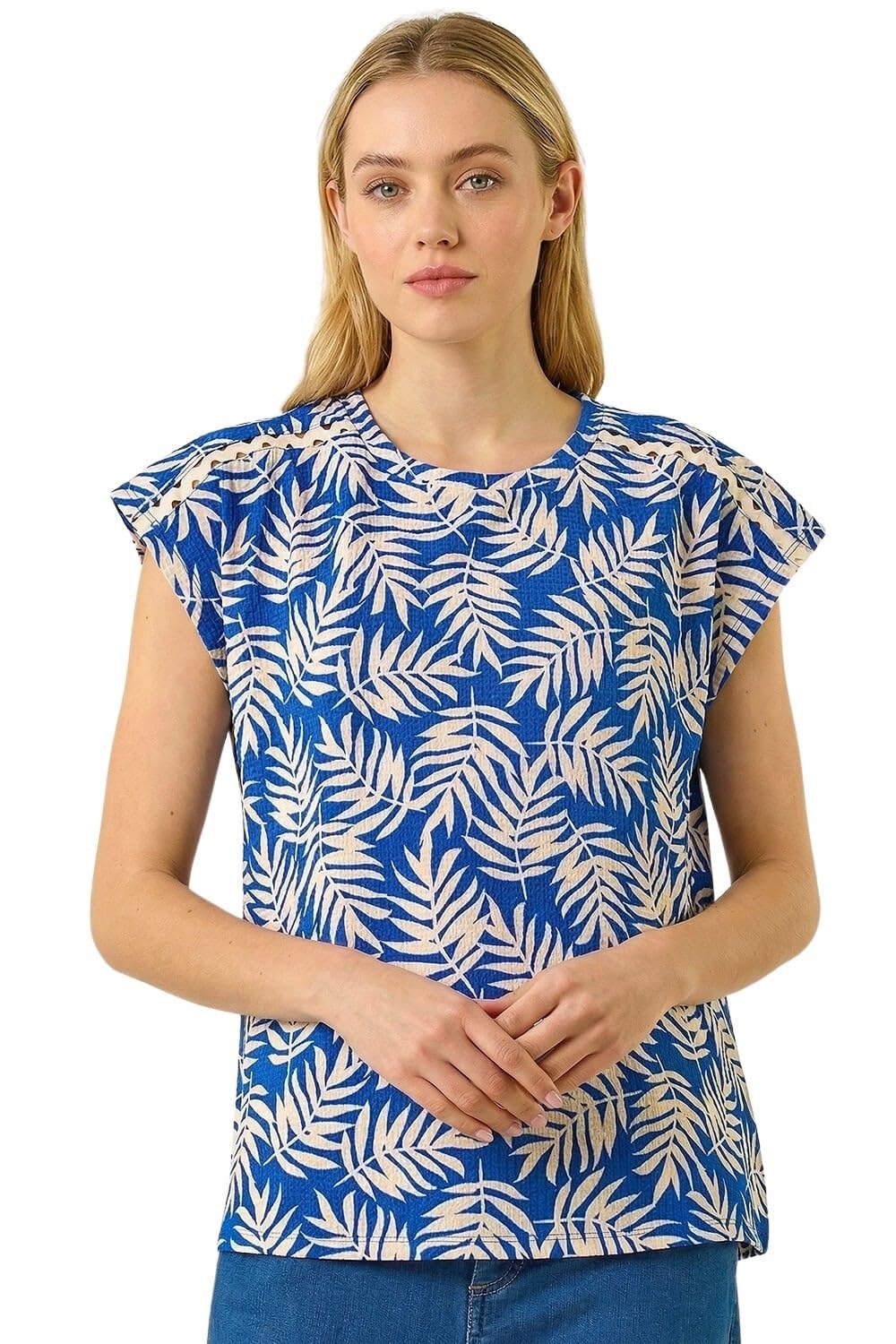 Roman Women's Blue Textured Floral Print Stretch Top In | : Size 12