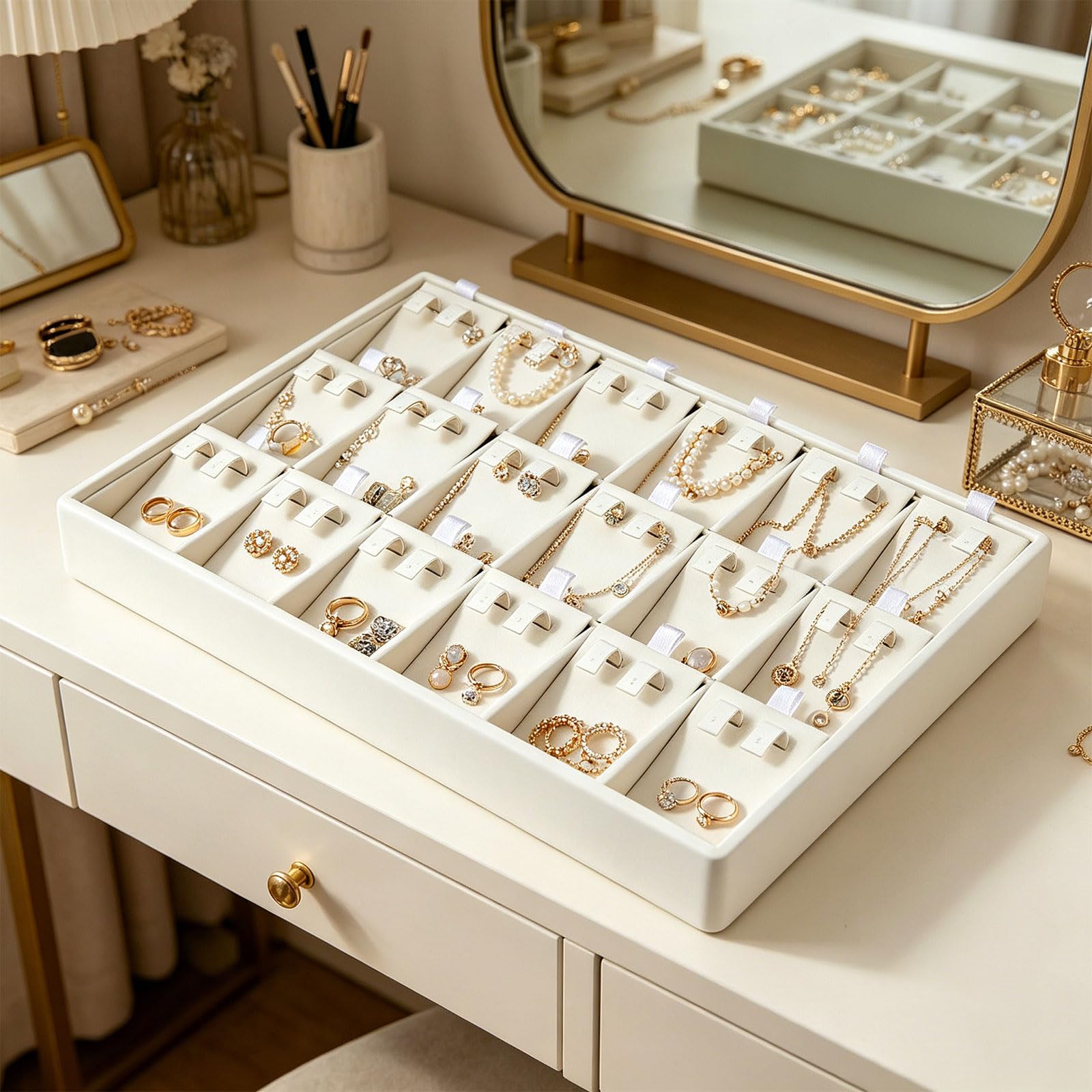 Custodia compatta per gioielli in pelle con copertura, A | Grandi sezioni per vari accessori e gioielli delicati dal look minimalista per uso domestico espositori
