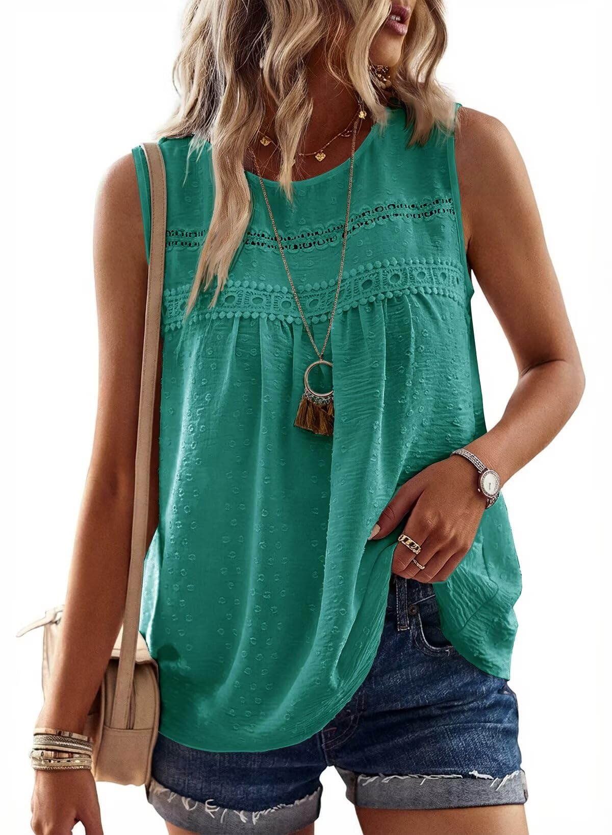 Falechay Tank Tops for Women Flowy Boho Cute Swiss Dots Sleeveless Shirts | Crewneck Loose Fit Summer Blouses, Daily Casual, Hide Belly Fat, Cute Lace Hem Ladies Tunic, Babydoll Crochet Trendy Clothes