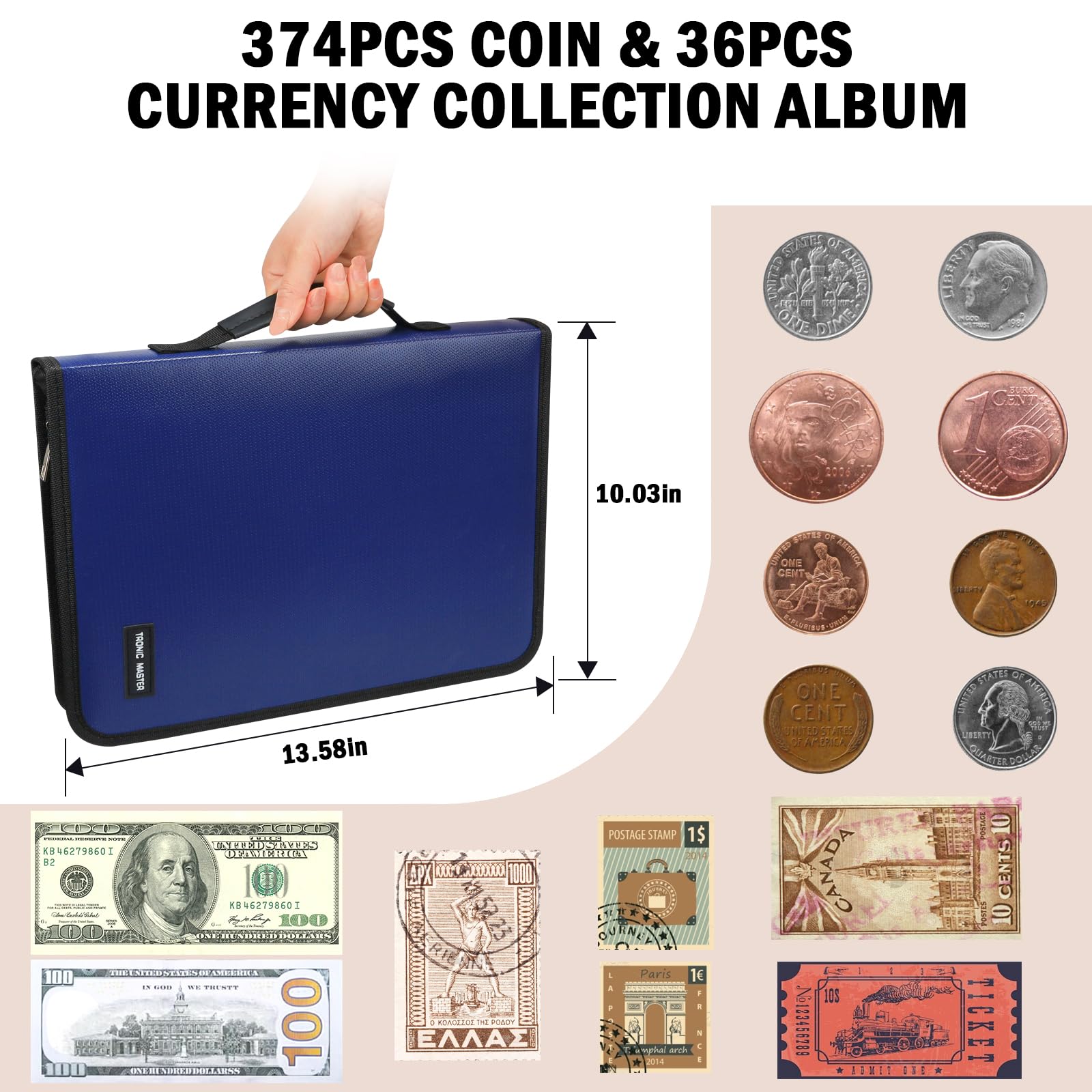 Münzsammelbuchhalter, Organizer – 410 Taschen, Münzsammelbedarf, Album für Sammler, 36 Hüllen, Geldaufbewahrung, feuerfest, Münzgeldsammlung, Rechnung, Pennies, Bargeld, Blau