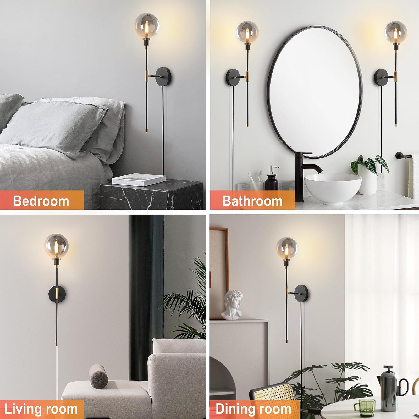 Vintage Industrial Wandlampe mit Schalter und Stecker Innen Wandleuchte mit Kabel Steckdose Wandbeleuchtung Glaskugel Schwarz Metall G9 für Wohnzimmer Schlafzimmer Loft (D,1 Stück)