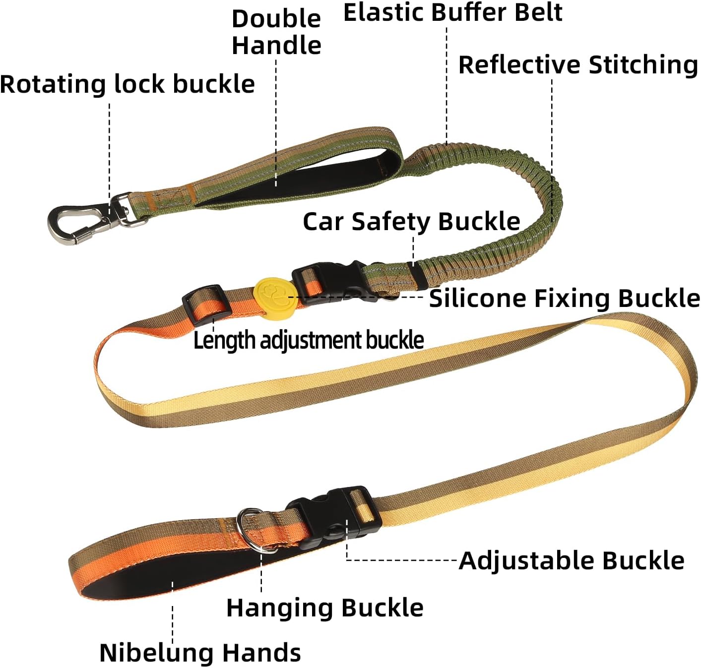 EVERKING Hands-Free Dog Leash with Waist Belt, Bungee Shock Absorbing Running Leash, Adjustable 22"-52", Reflective Night Walking, Dual Handle for Medium Large Dogs(Golden Olive)