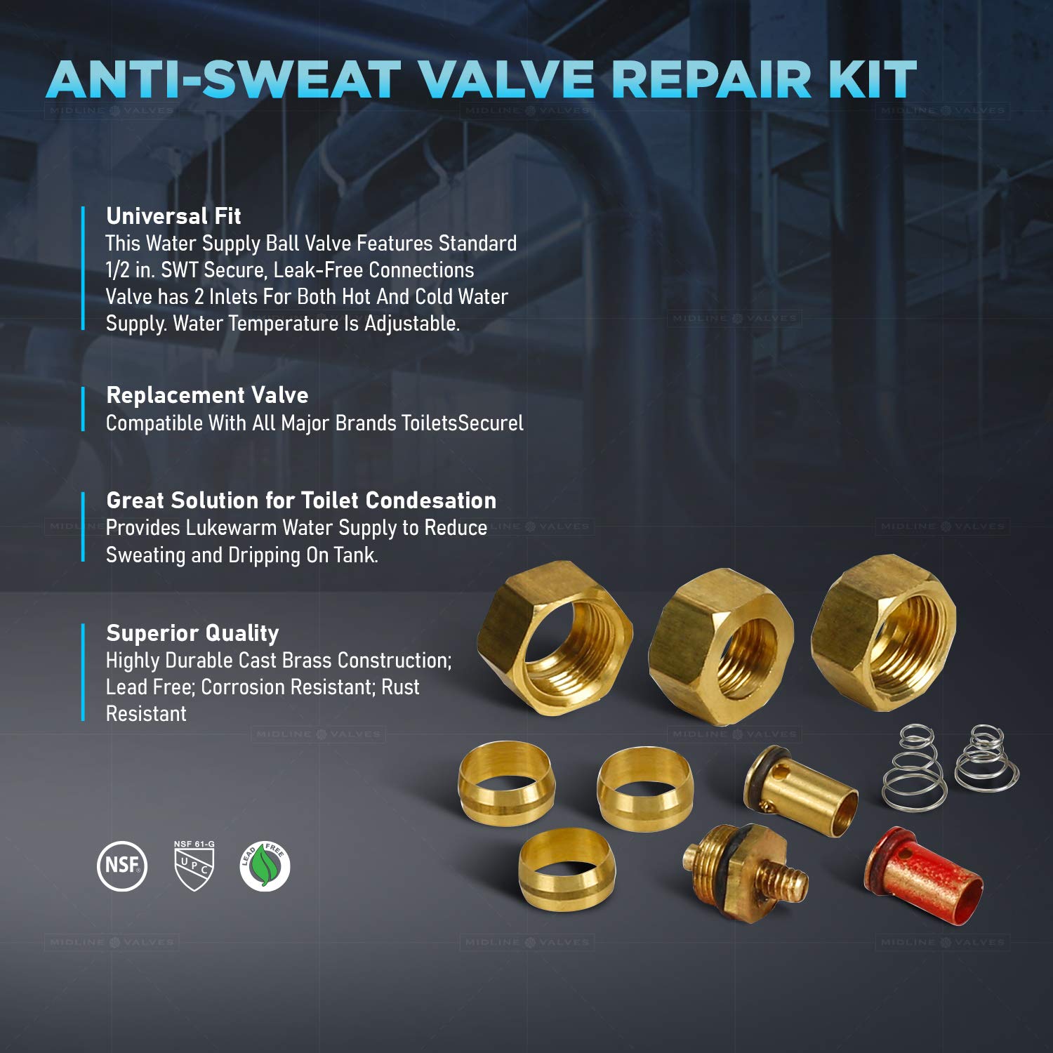Midline Valve S1296 Kit de reparación de válvula de depósito de inodoro antisudor de 1/2 pulgadas, conexiones SWT, latón