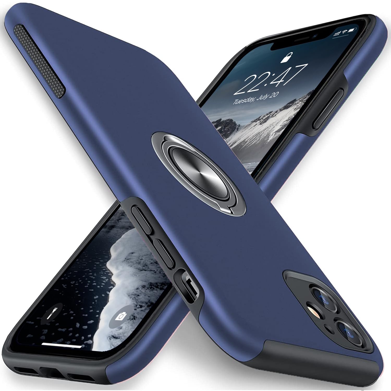 AIOVETEAB for iPhone 12 Case,Silky Soft Touch Heavy Duty Protective Cover with Ring Holder Kickstand Magnetic Phone Case for iPhone 12 6.1 inch,Blue