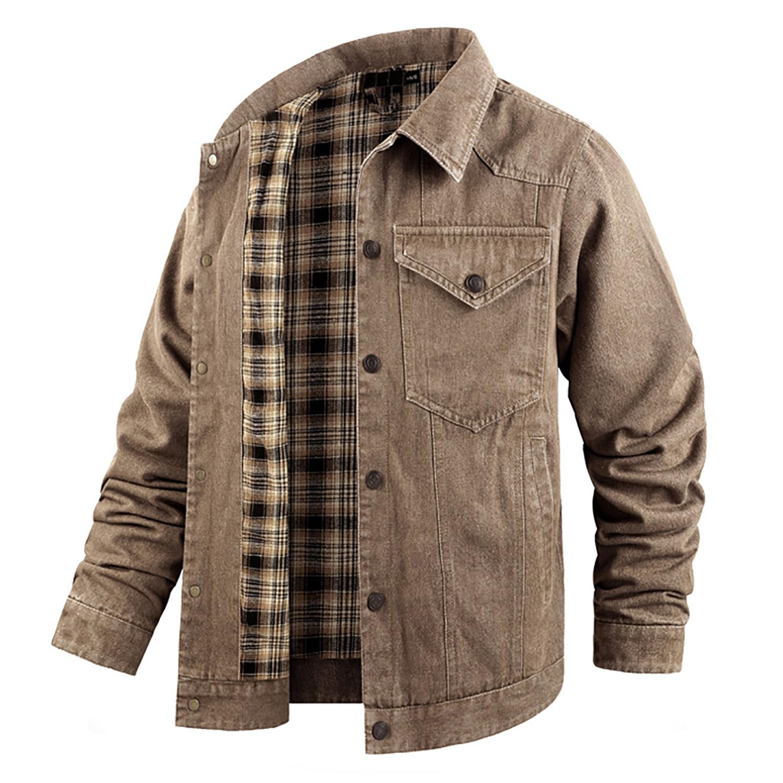 Męska Kurtka Dżinsowa w Kratę z Podszewką Snap Cowboy-Cut Western Classic Slim Fit Vintage Jacket Trucker Coat Brązowa Kurtka Dżinsowa Męska Kurtka z Odkrytymi Klapami z Przodu
