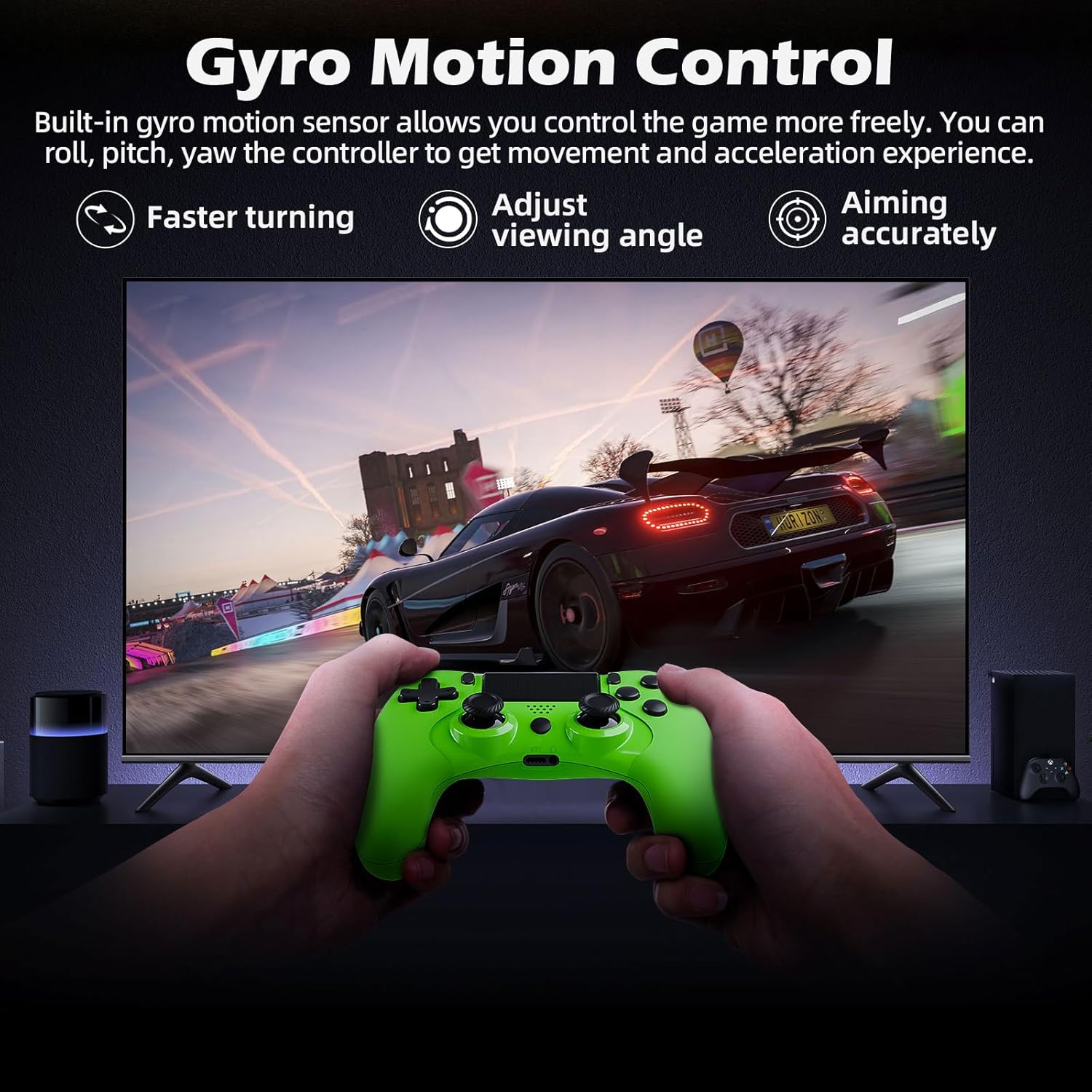 CHEREEKI Wireless Gamepad being used with a racing game, illustrating gyro motion control